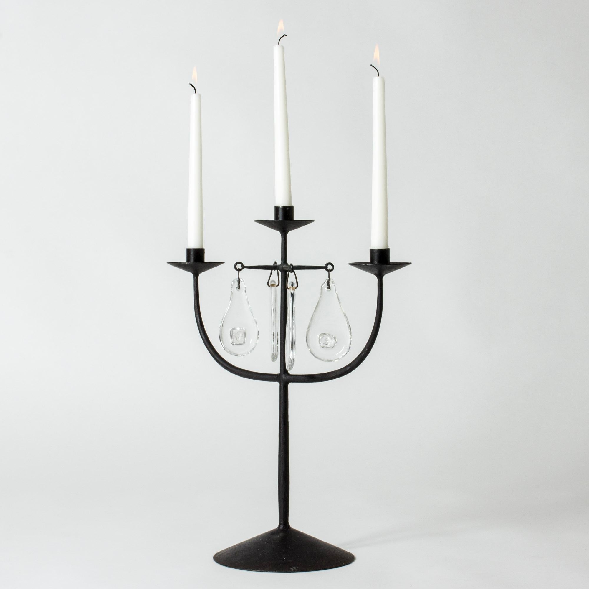 Mid-20th Century Midcentury Iron and Glass Candelabra by Erik Höglund, Boda Smide, Sweden, 1960s For Sale
