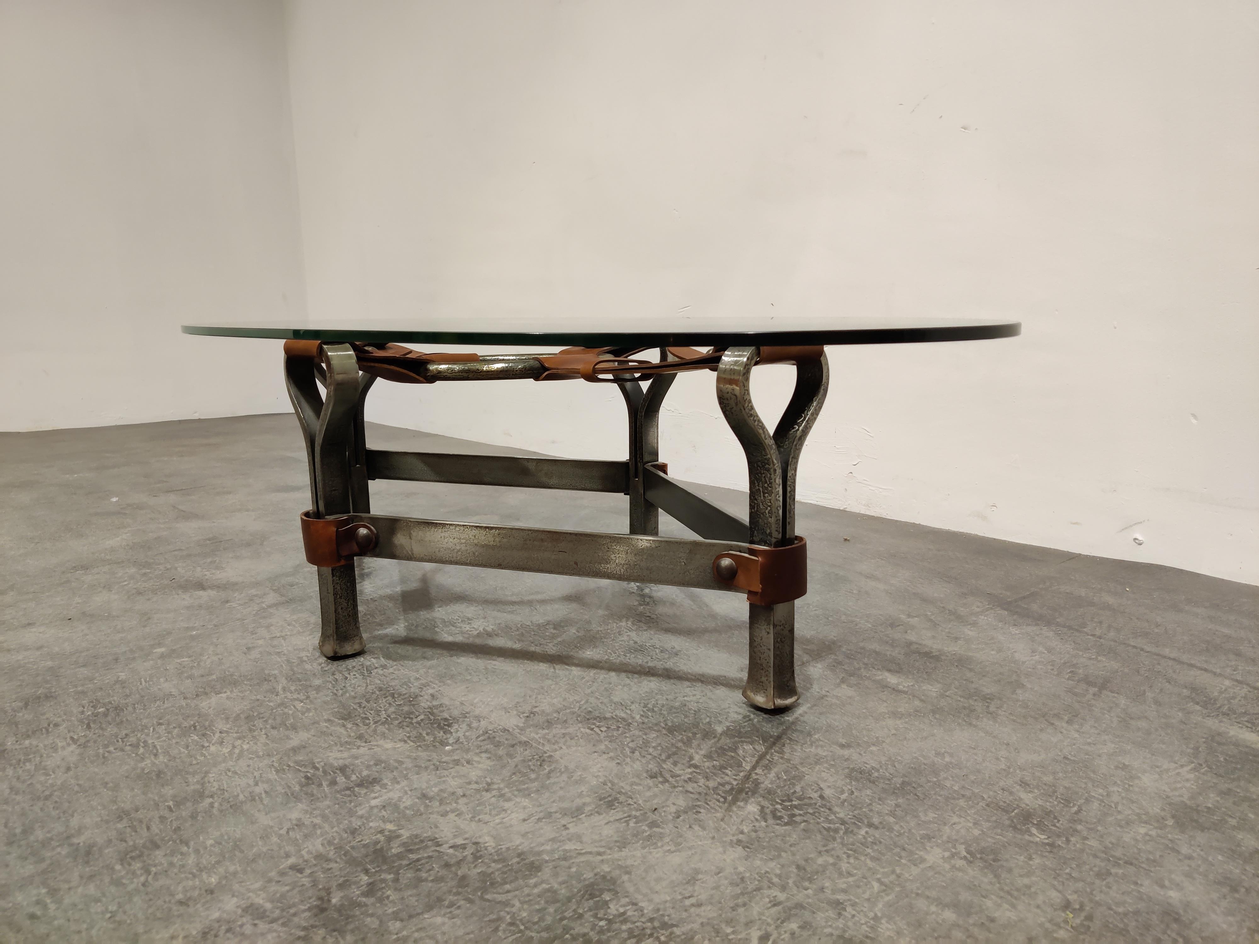 Mid-Century Modern Midcentury Iron and Leather Coffee Table by Jacques Adnet, 1960s