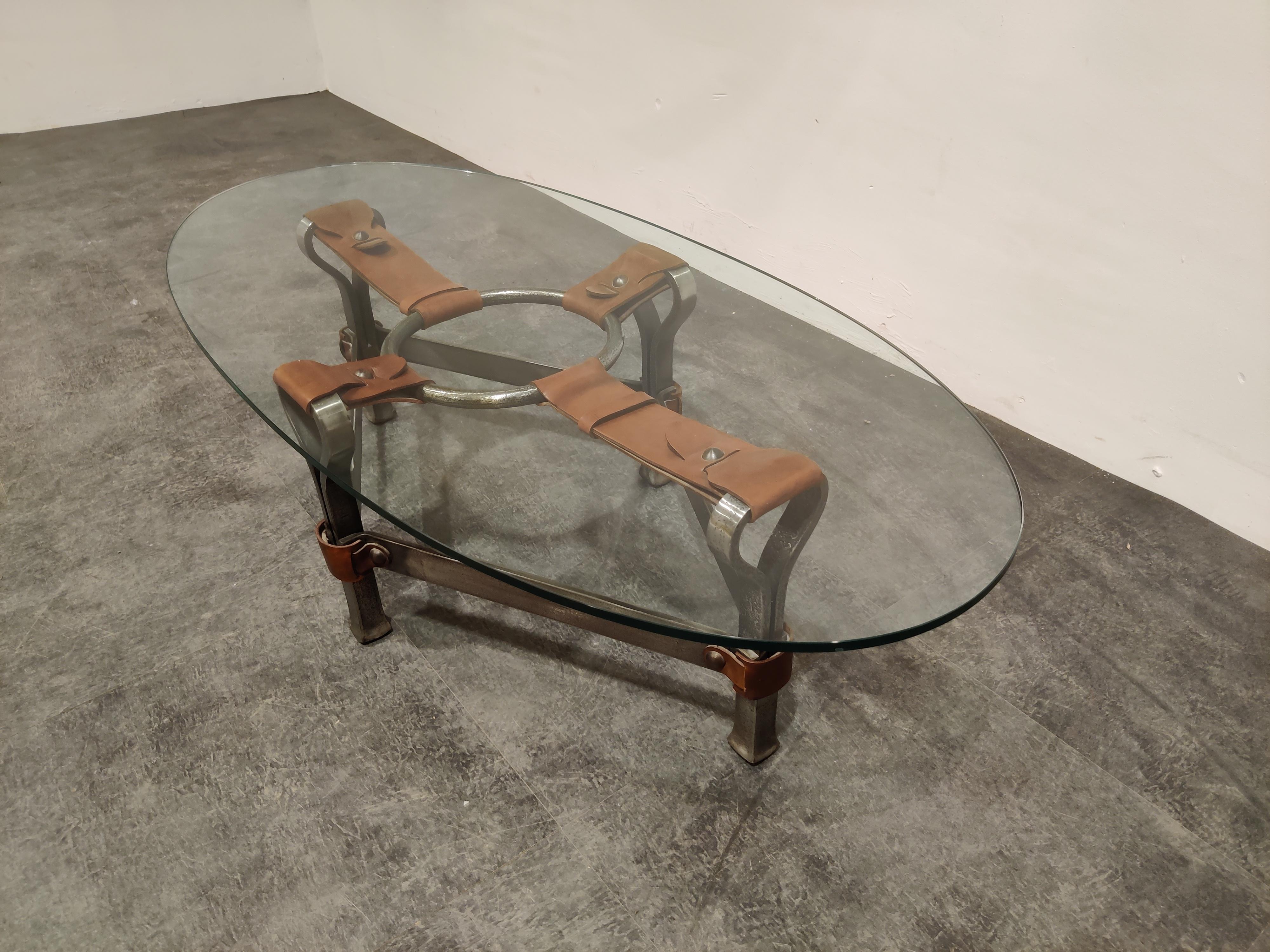 French Midcentury Iron and Leather Coffee Table by Jacques Adnet, 1960s