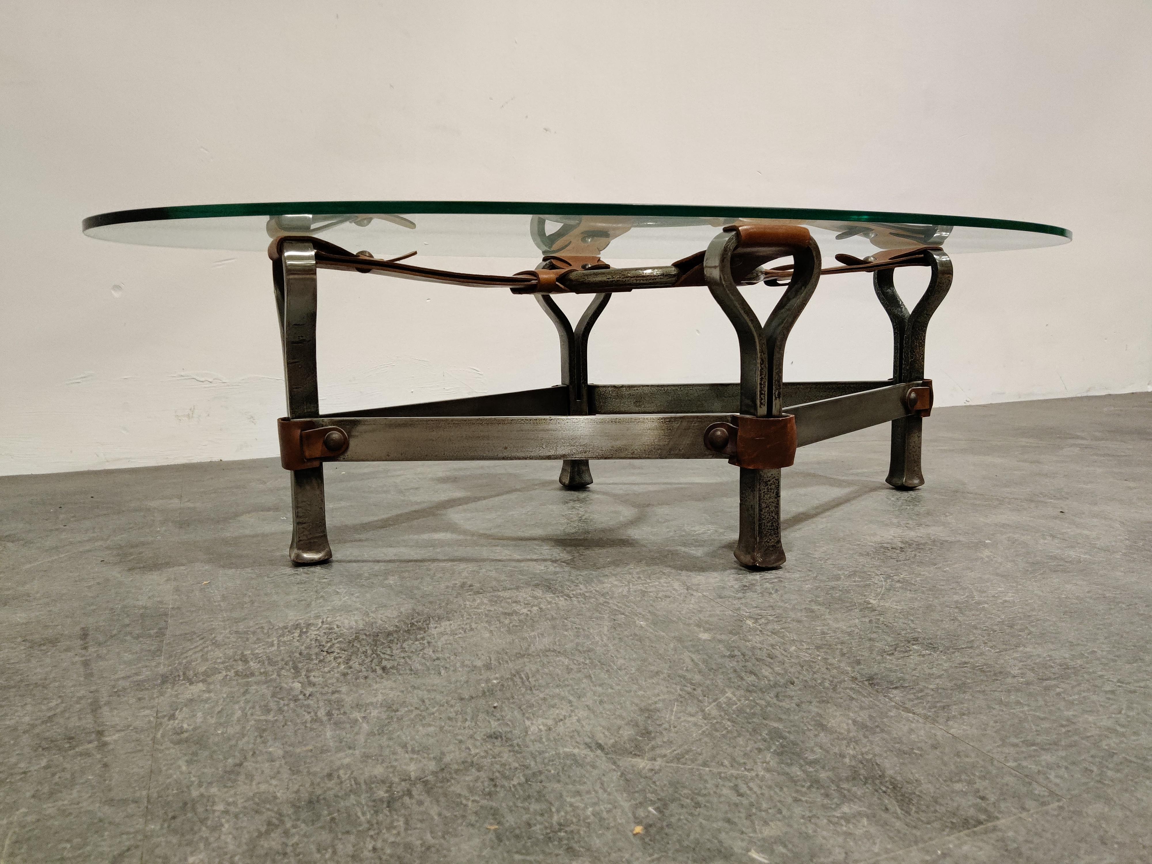 Steel Midcentury Iron and Leather Coffee Table by Jacques Adnet, 1960s