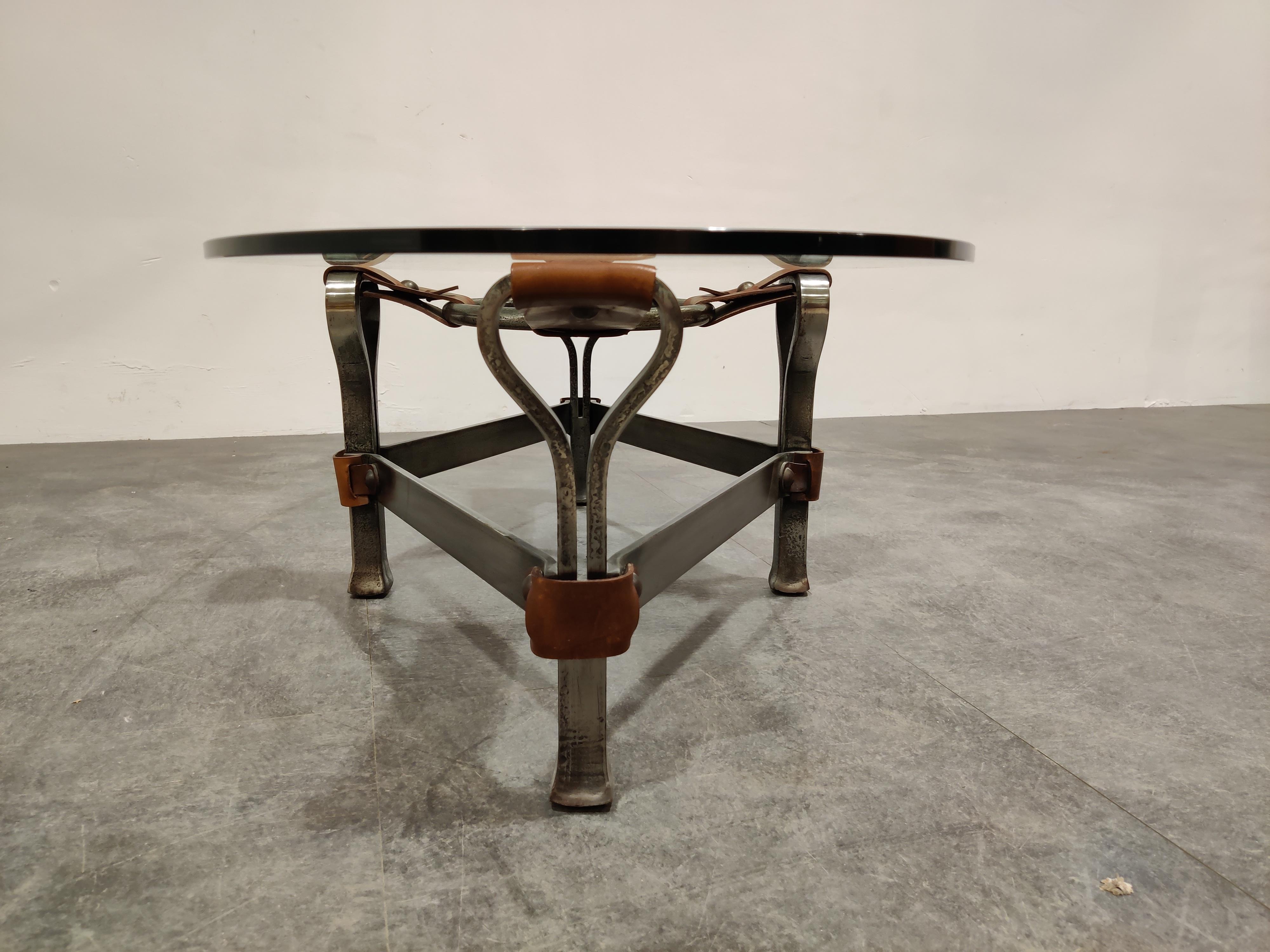 Midcentury Iron and Leather Coffee Table by Jacques Adnet, 1960s 1