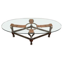 Midcentury Iron and Leather Coffee Table by Jacques Adnet, 1960s