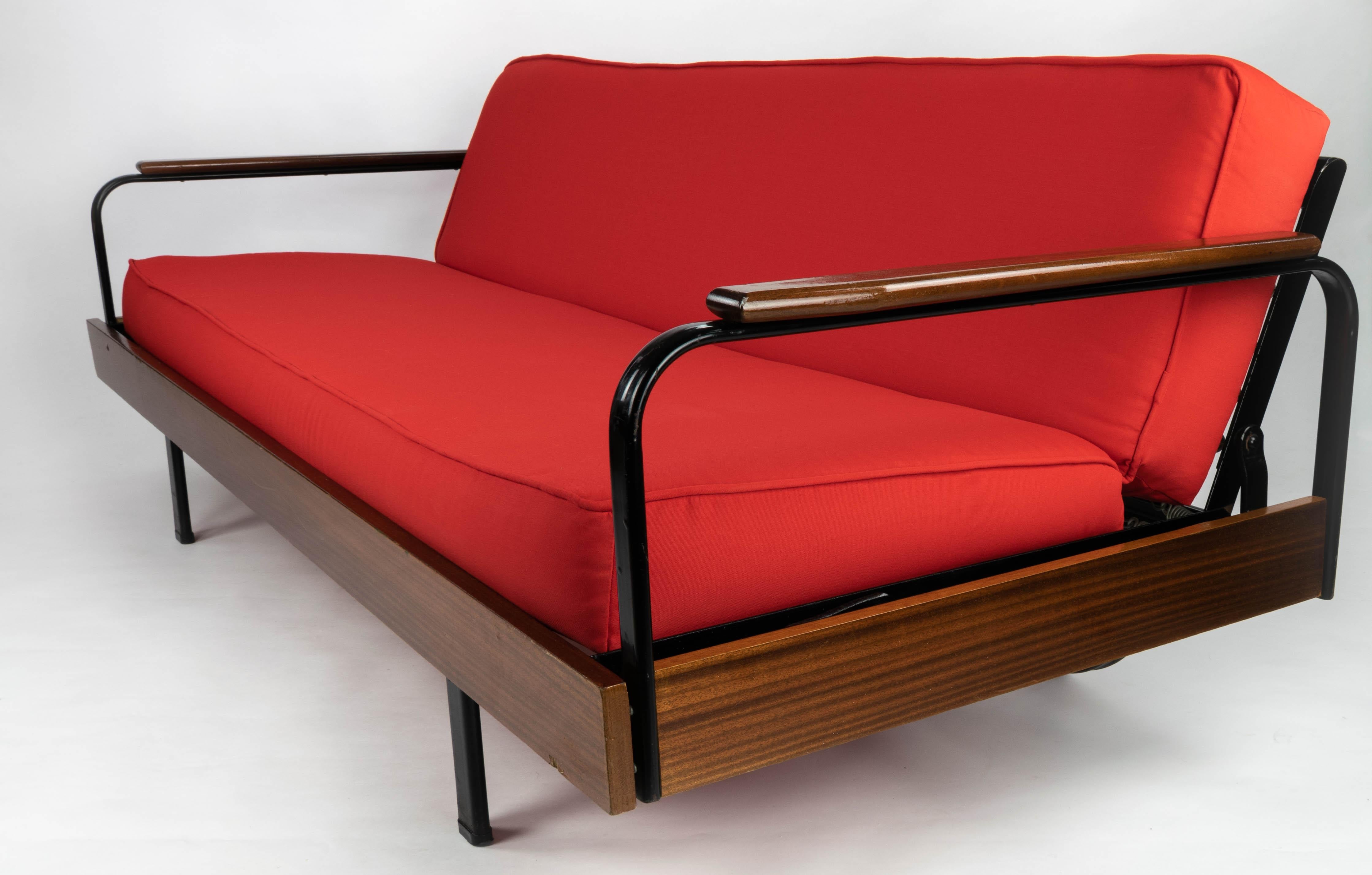 Midcentury Iron and Red Canvas French Sofa and Armchairs after Prouve, 1950s 7