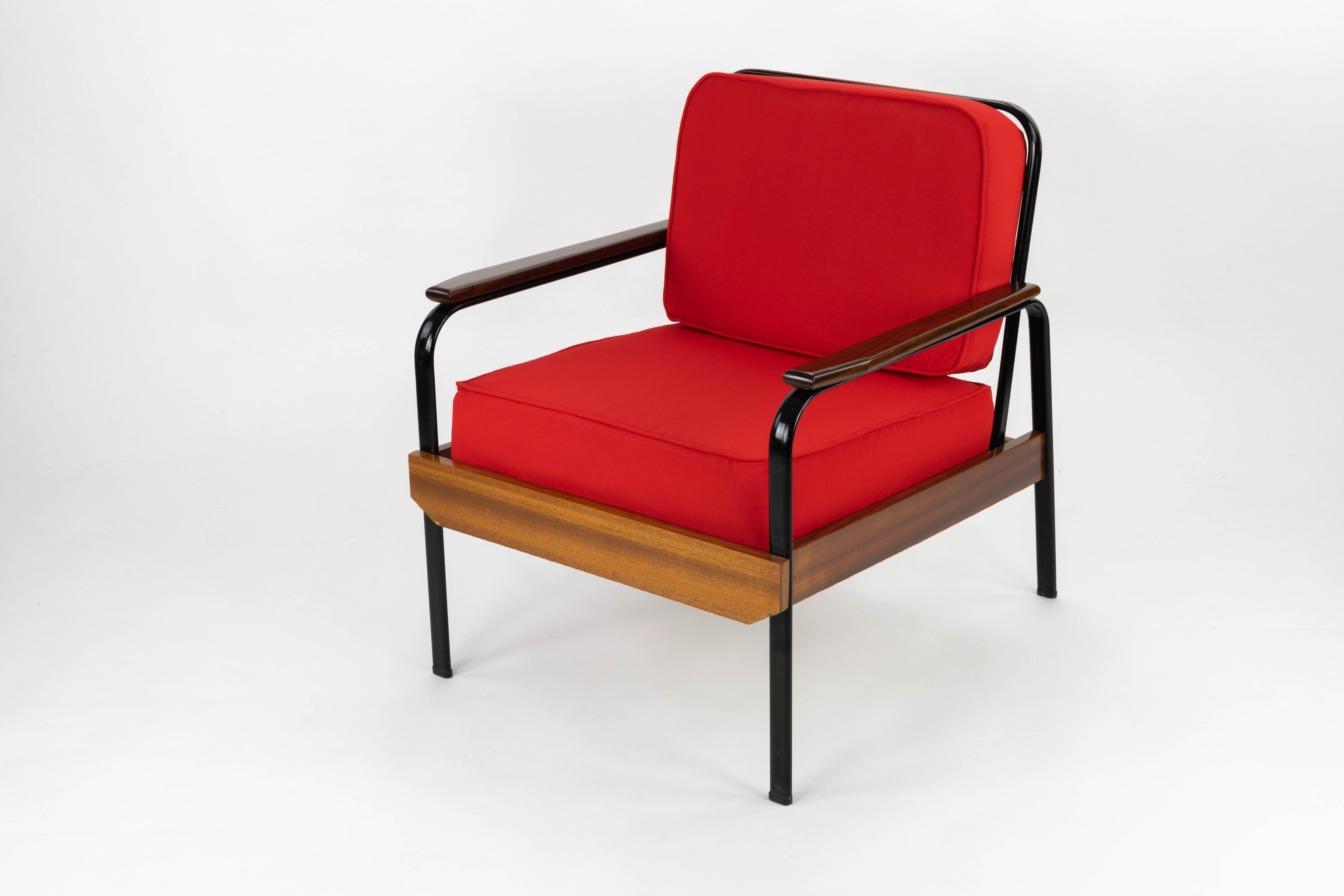Lacquered Midcentury Iron and Red Canvas French Sofa and Armchairs after Prouve, 1950s