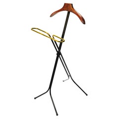 Vintage Midcentury Iron, Brass and Beech Wood Italian Foldable Valet Stand, 1950s