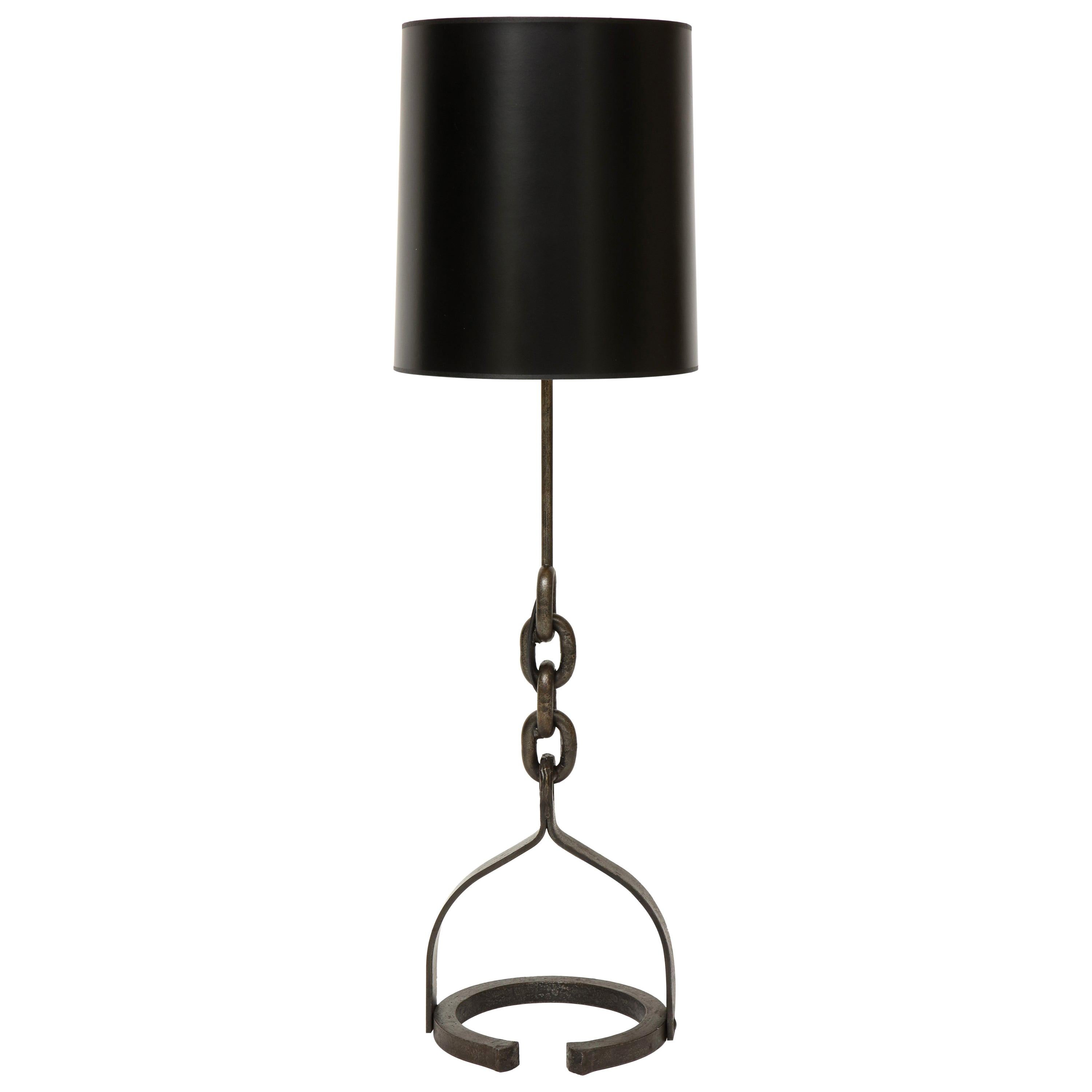Franz West Inspired Iron Chain Black Shade Attr. Adnet Horshoe Tall Lamp, France