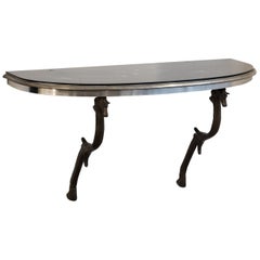 Midcentury Iron Console Table with Bronze Horsehead Shaped Holdings