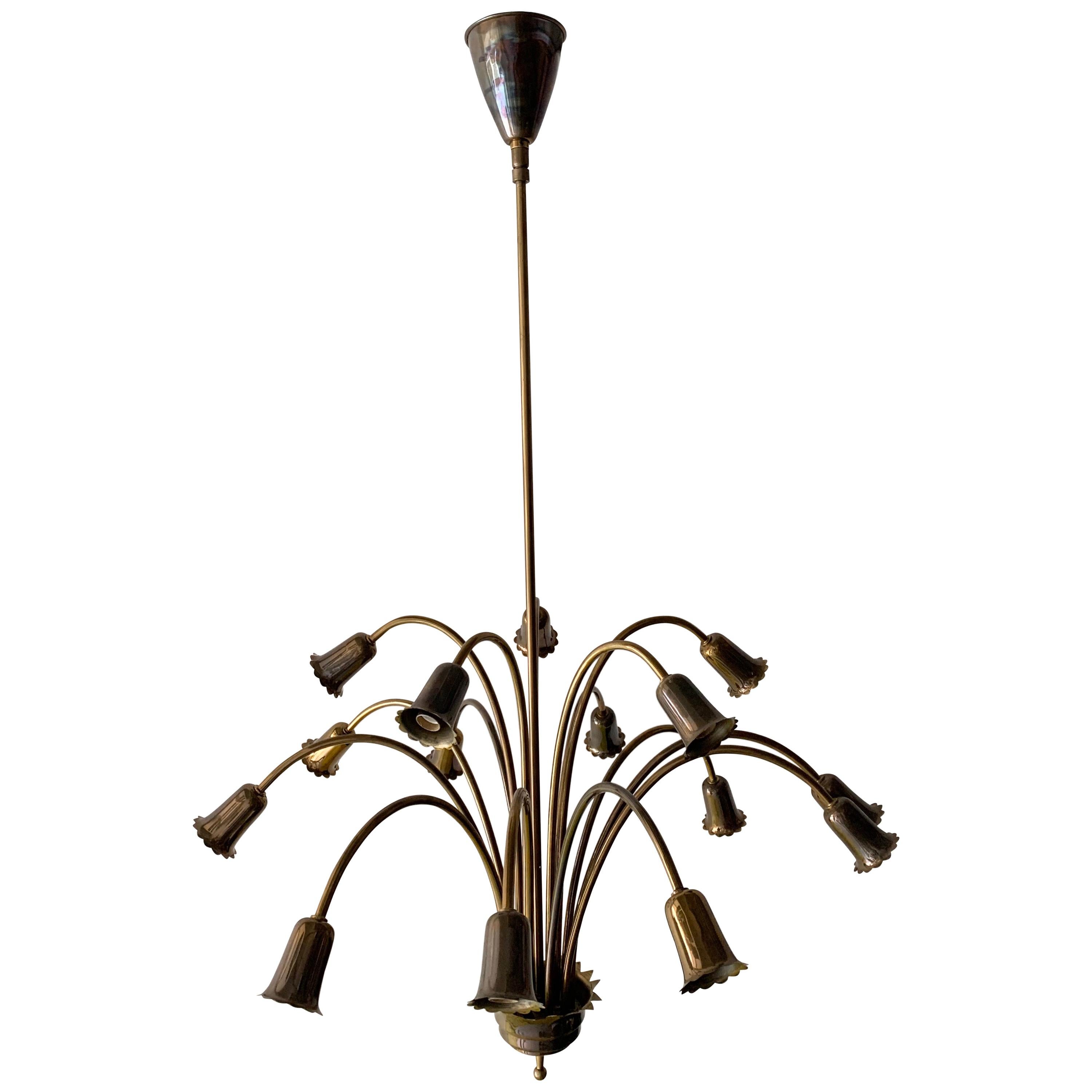 Midcentury Italian 15-Arm Brass Chandelier