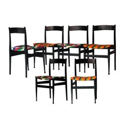 Midcentury Italian African Black Lacquered Kitenge Multi-Color Chairs Italy 1950