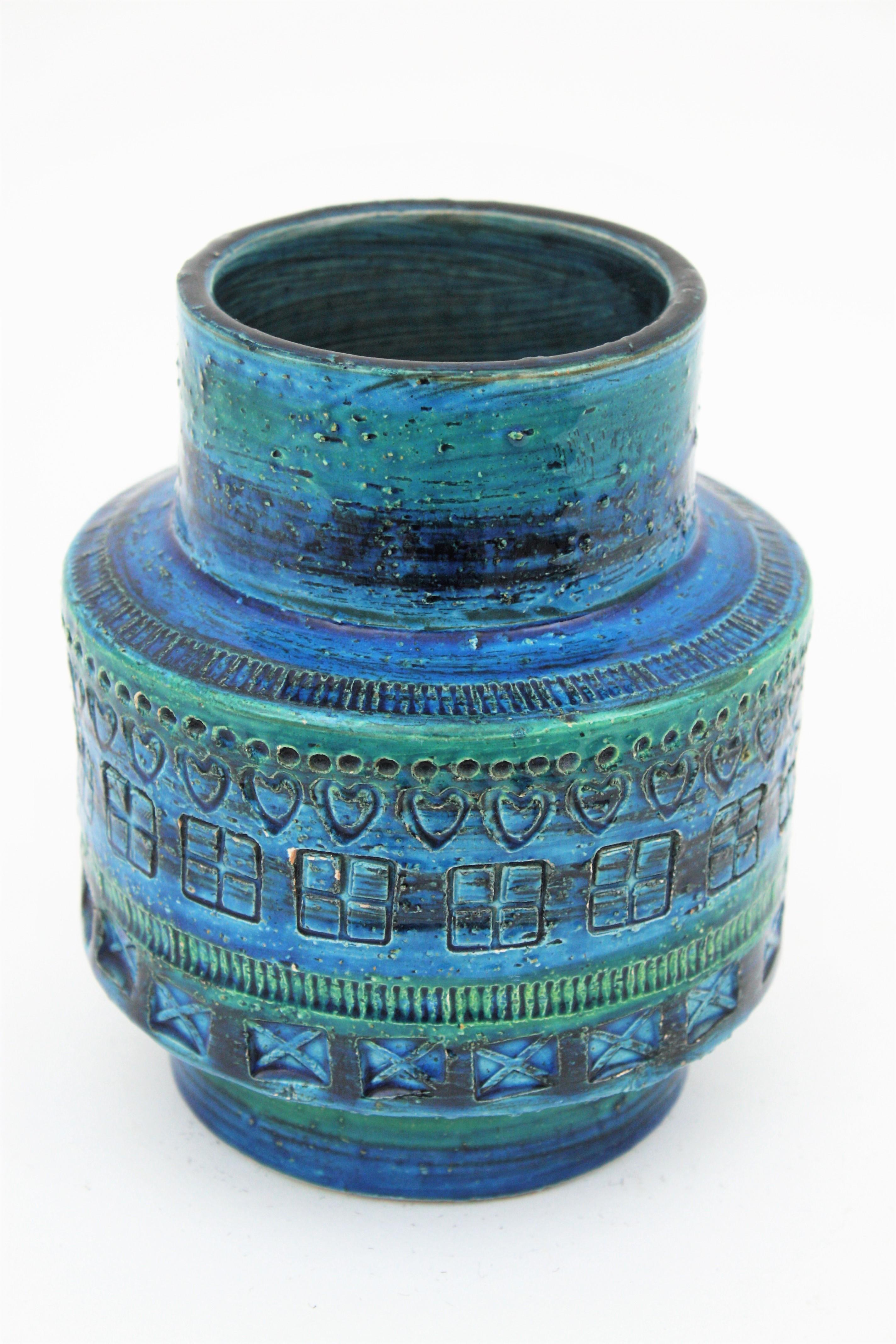 Pottery Midcentury Italian Aldo Londi for Bitossi Rimini Blue Glazed Ceramic Vase