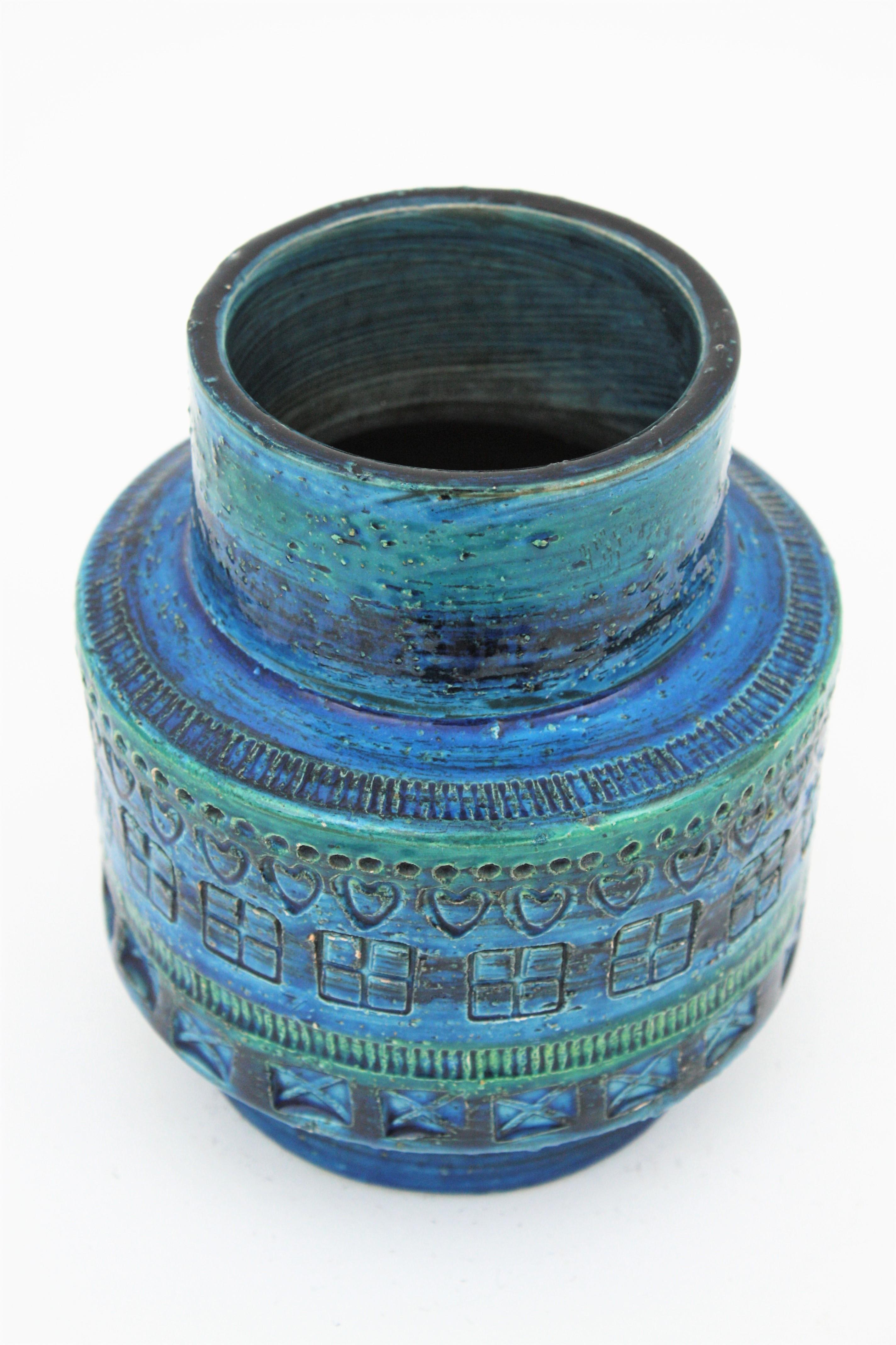 Midcentury Italian Aldo Londi for Bitossi Rimini Blue Glazed Ceramic Vase 1