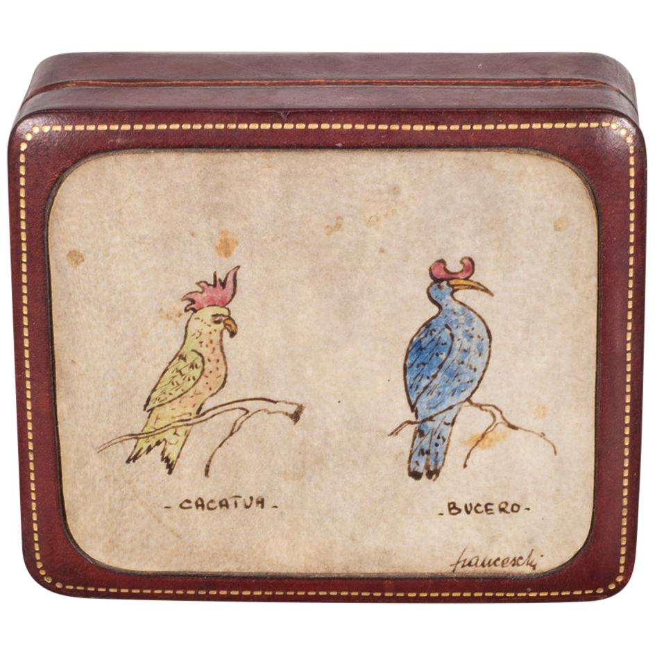 Midcentury Italian All Leather Box with Bird Portraits, circa 1960