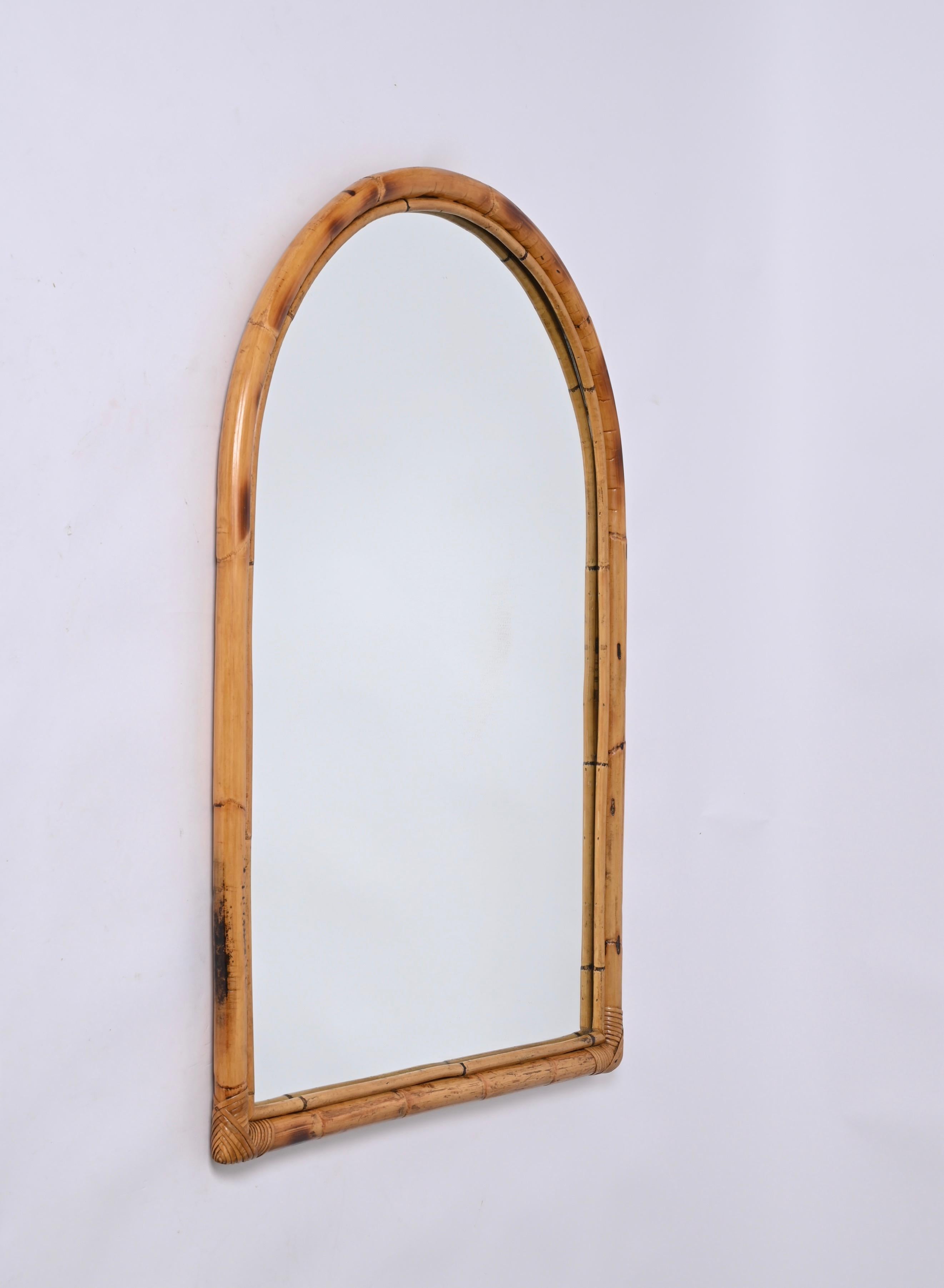 Midcentury Italian Arch Mirror with Double Bamboo and Rattan Frame, Italy, 1970s For Sale 7