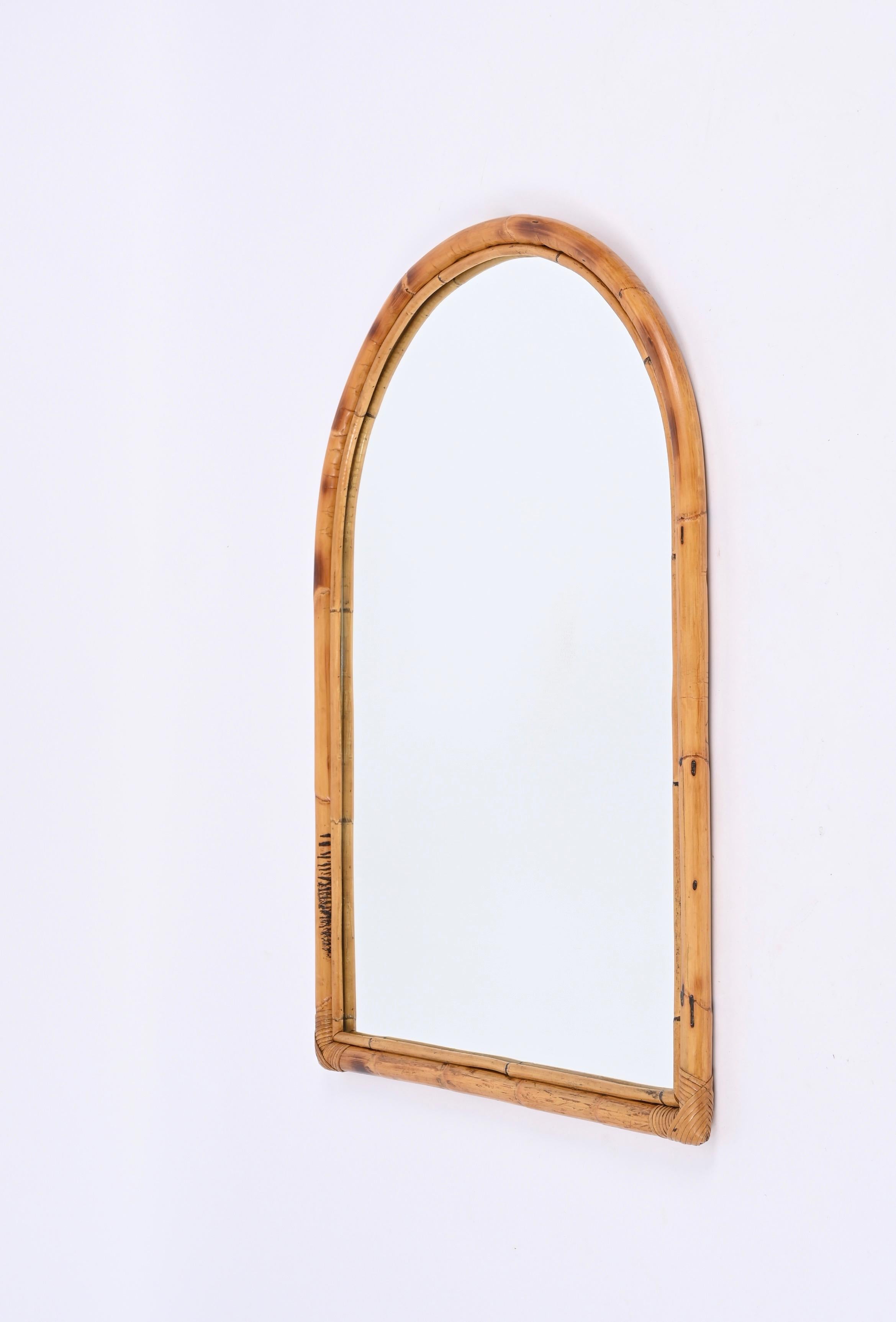 Midcentury Italian Arch Mirror with Double Bamboo and Rattan Frame, Italy, 1970s For Sale 9