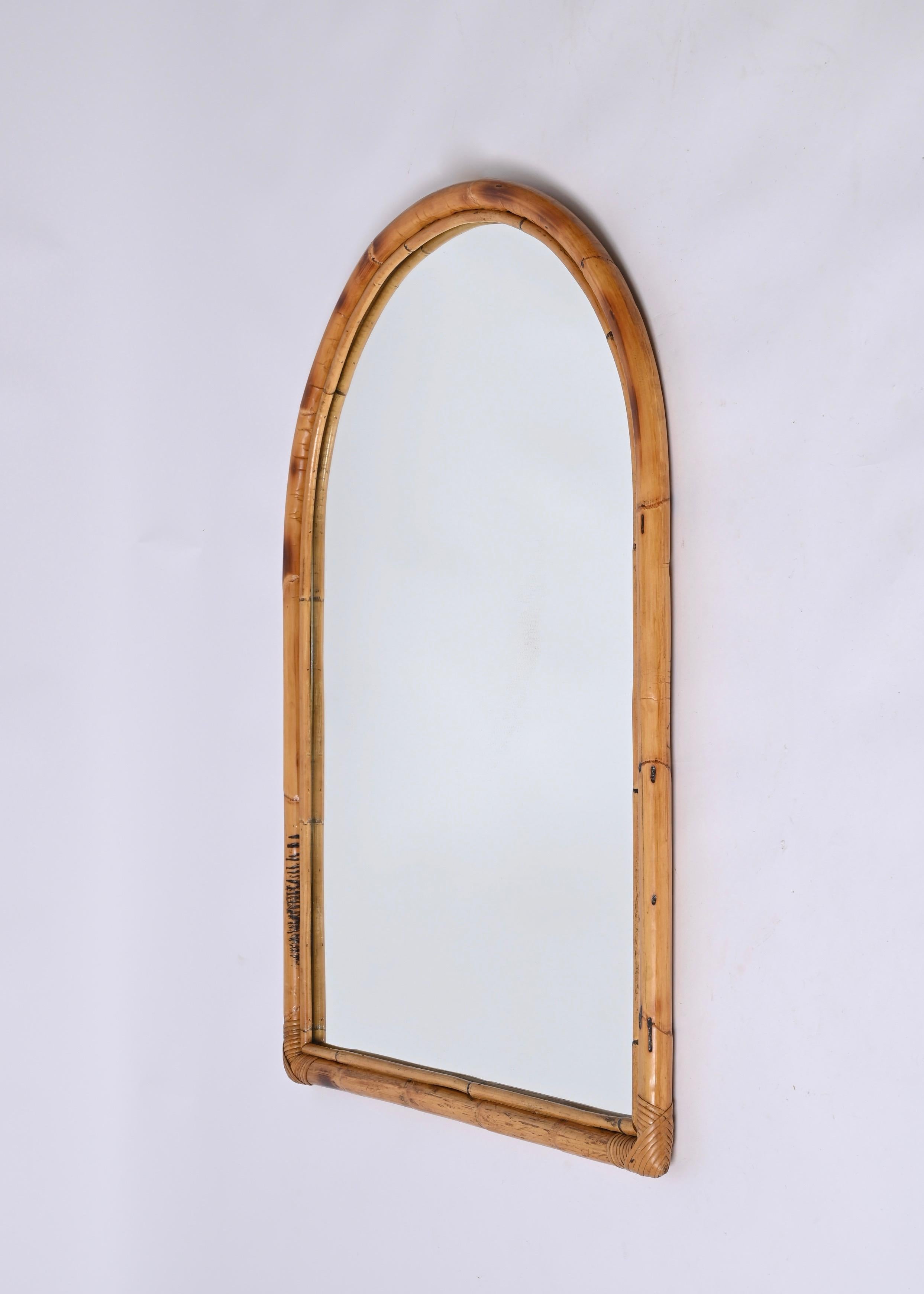 Midcentury Italian Arch Mirror with Double Bamboo and Rattan Frame, Italy, 1970s For Sale 10