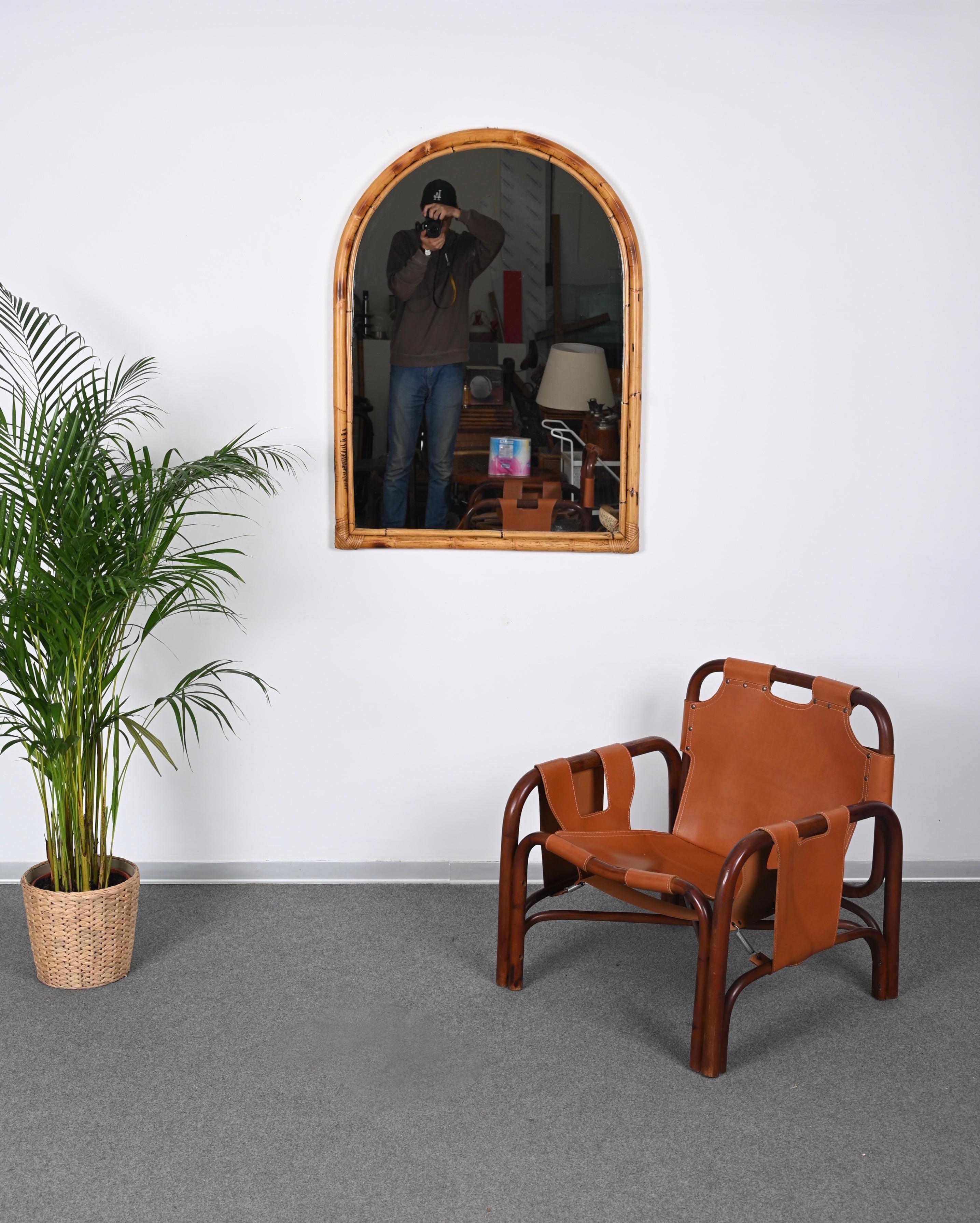 Midcentury Italian Arch Mirror with Double Bamboo and Rattan Frame, Italy, 1970s For Sale 11