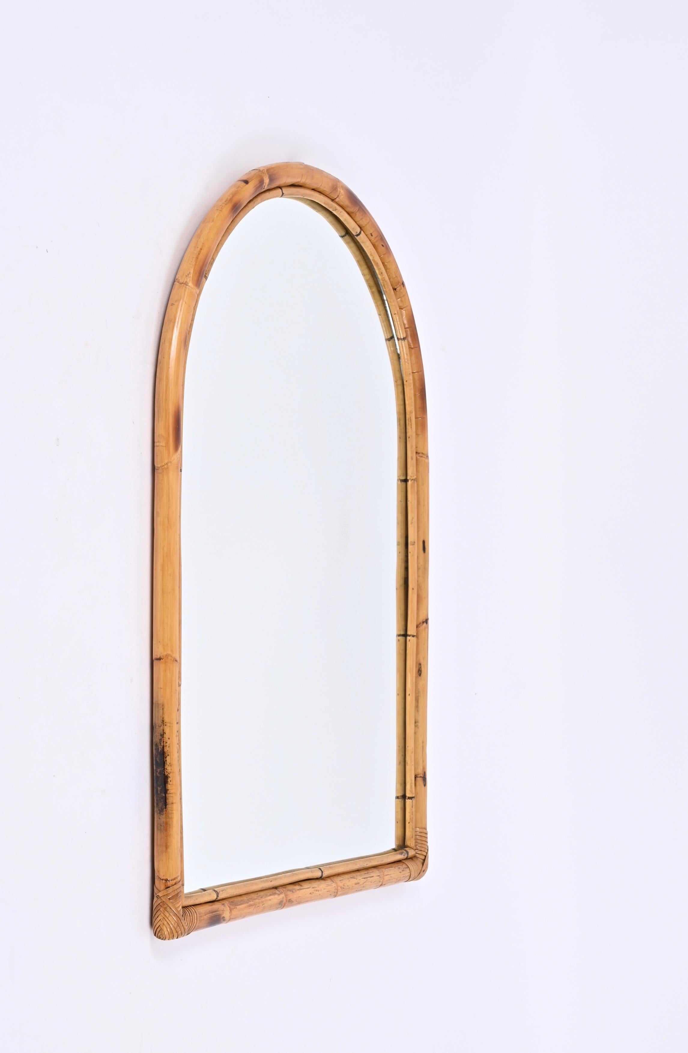 Mid-Century Modern Midcentury Italian Arch Mirror with Double Bamboo and Rattan Frame, Italy, 1970s For Sale