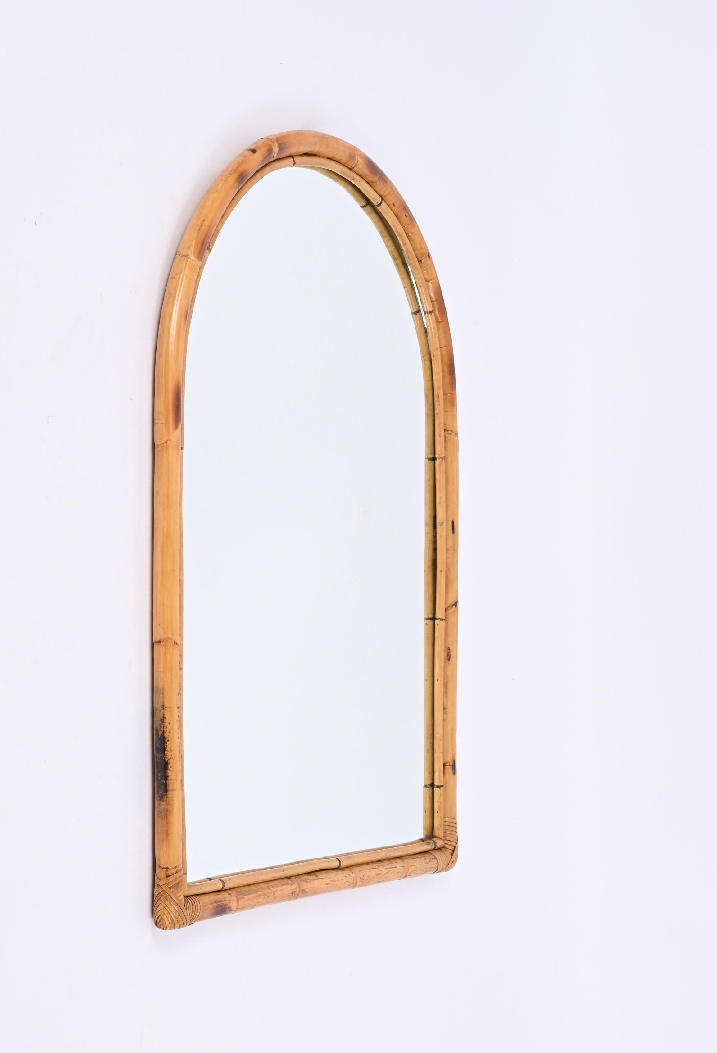 Midcentury Italian Arch Mirror with Double Bamboo and Rattan Frame, Italy, 1970s In Good Condition For Sale In Roma, IT