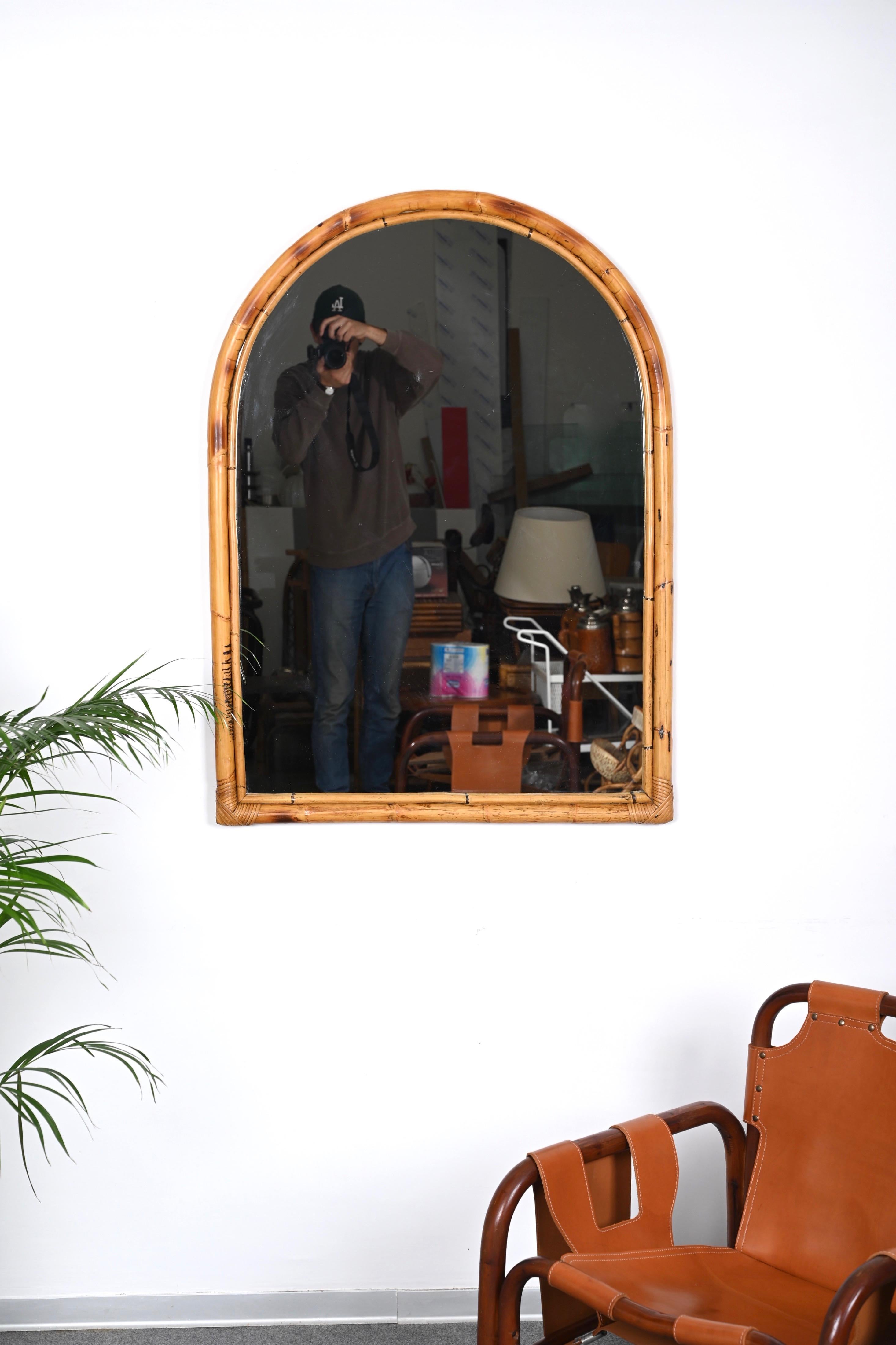 20th Century Midcentury Italian Arch Mirror with Double Bamboo and Rattan Frame, Italy, 1970s For Sale