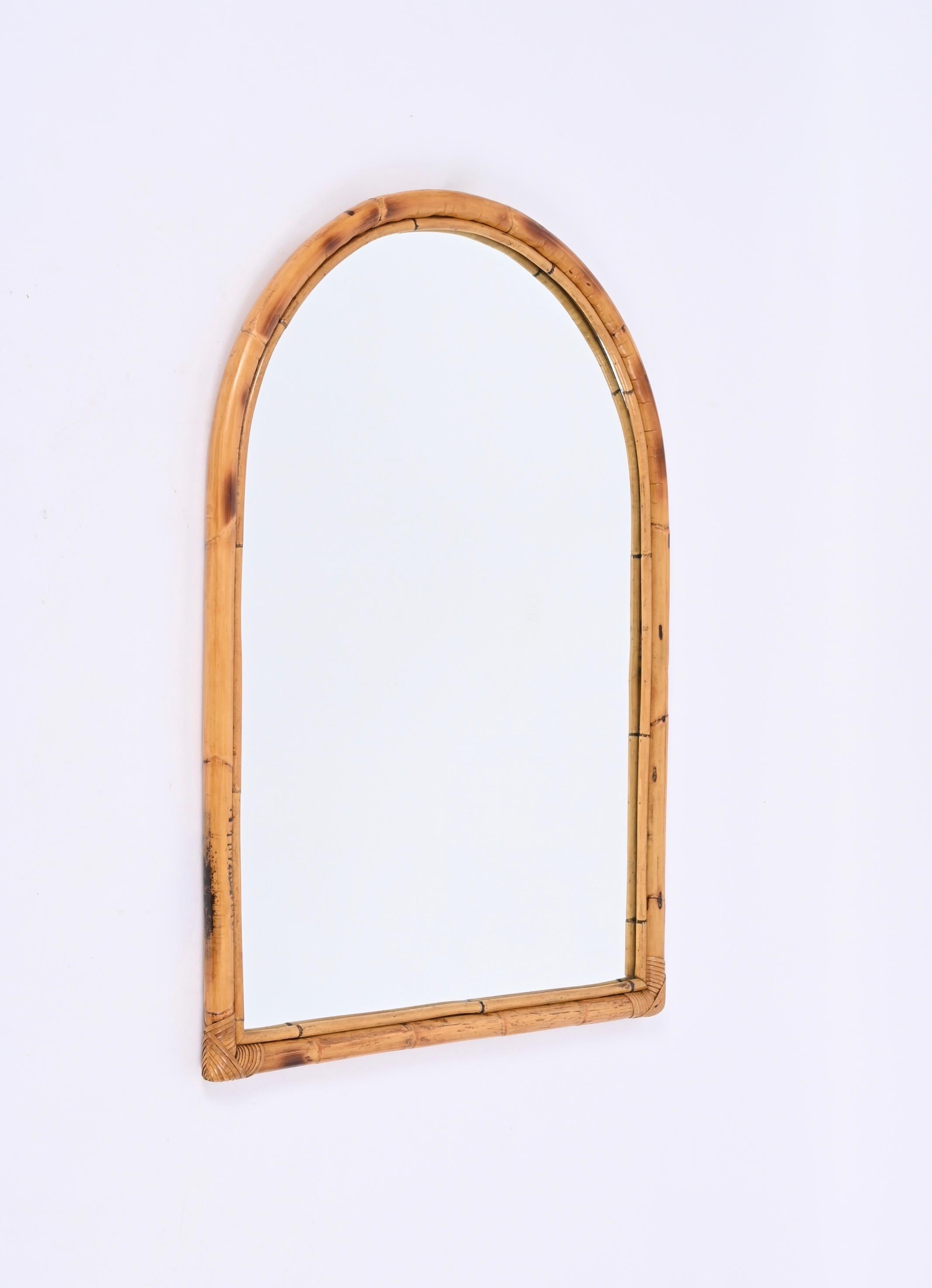 Midcentury Italian Arch Mirror with Double Bamboo and Rattan Frame, Italy, 1970s For Sale 2