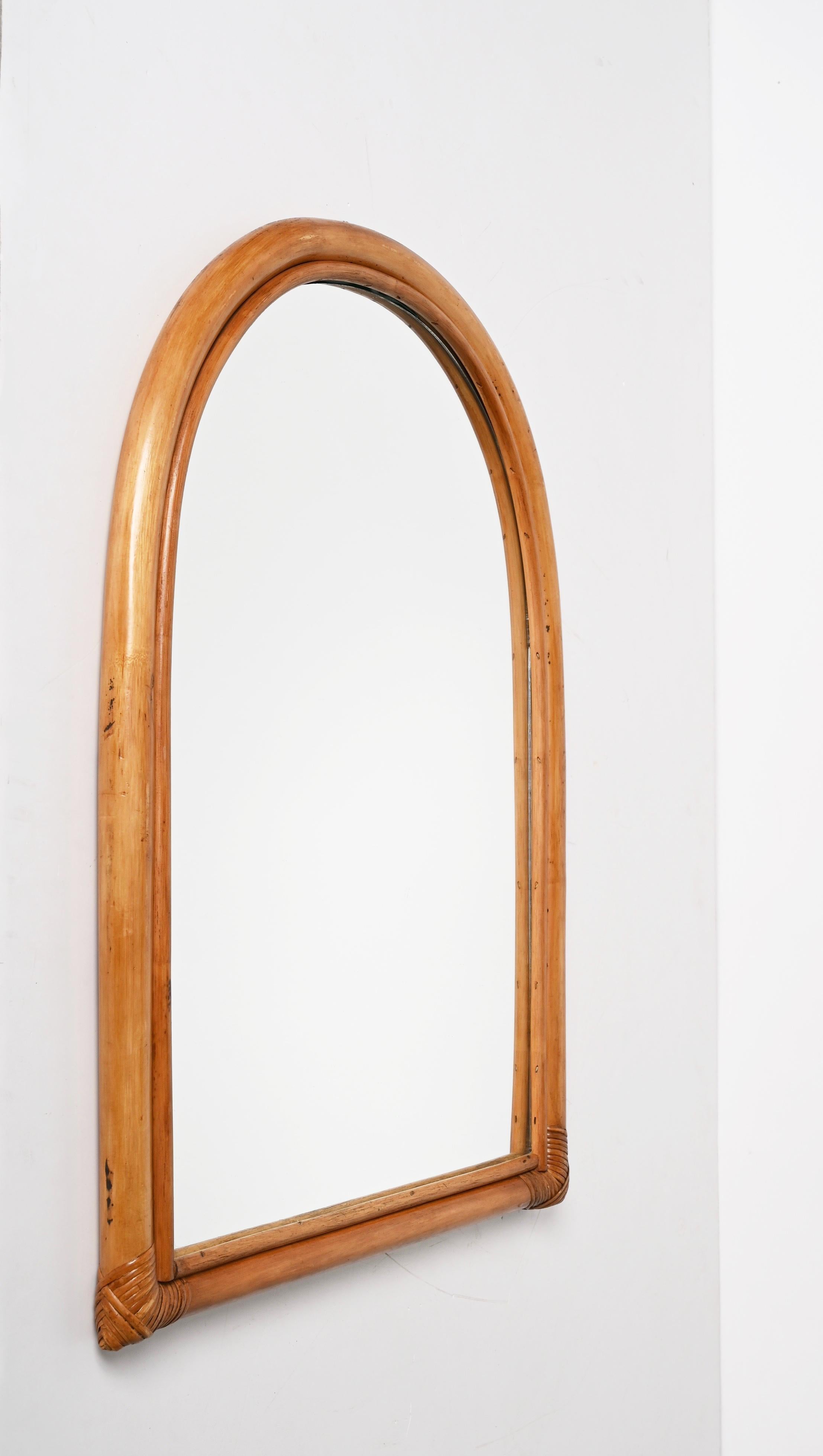 Midcentury Italian Arch-Shaped Mirror with Double Bamboo Wicker Frame, 1970s 5