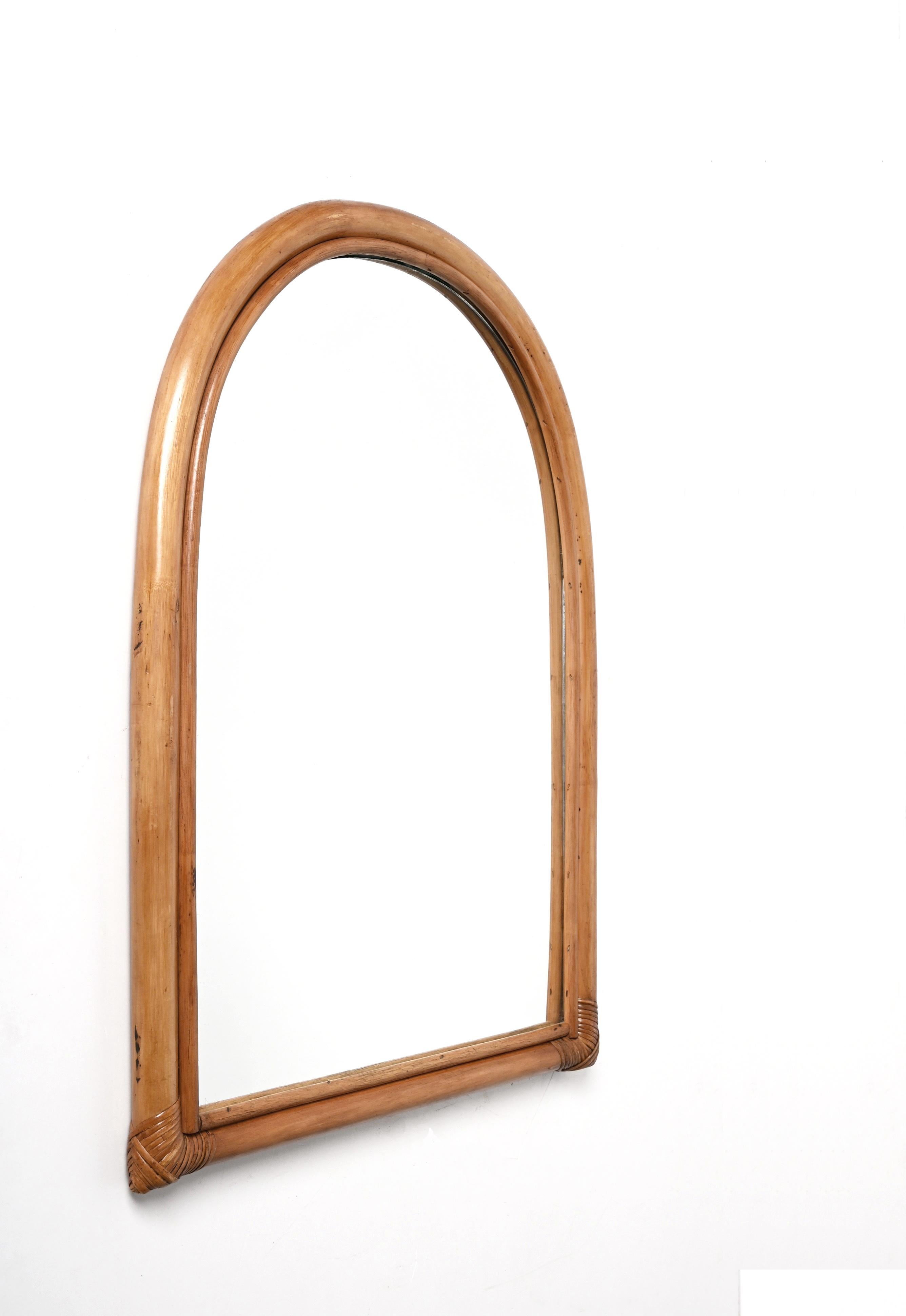 Midcentury Italian Arch-Shaped Mirror with Double Bamboo Wicker Frame, 1970s 6