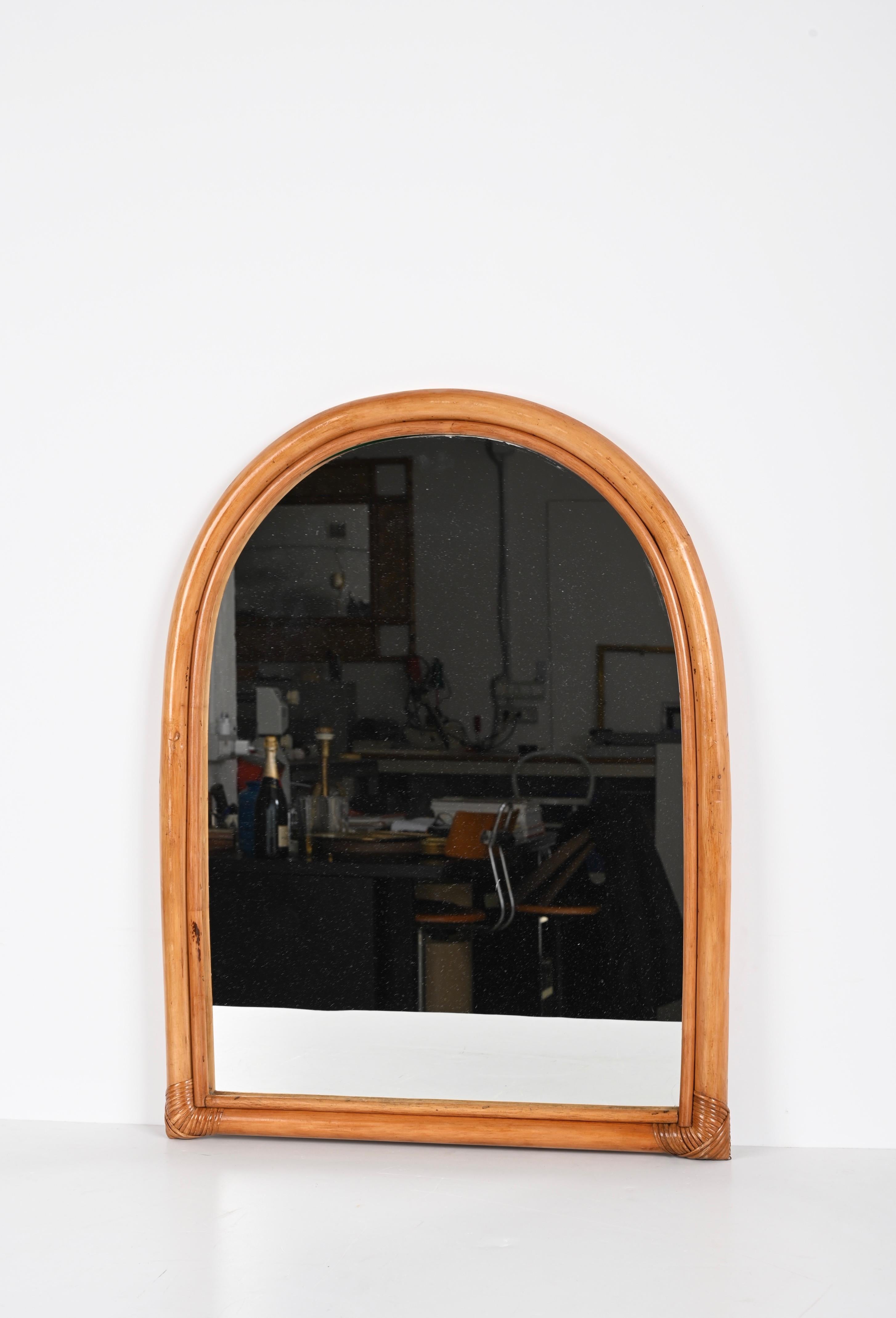 Midcentury Italian Arch-Shaped Mirror with Double Bamboo Wicker Frame, 1970s 7