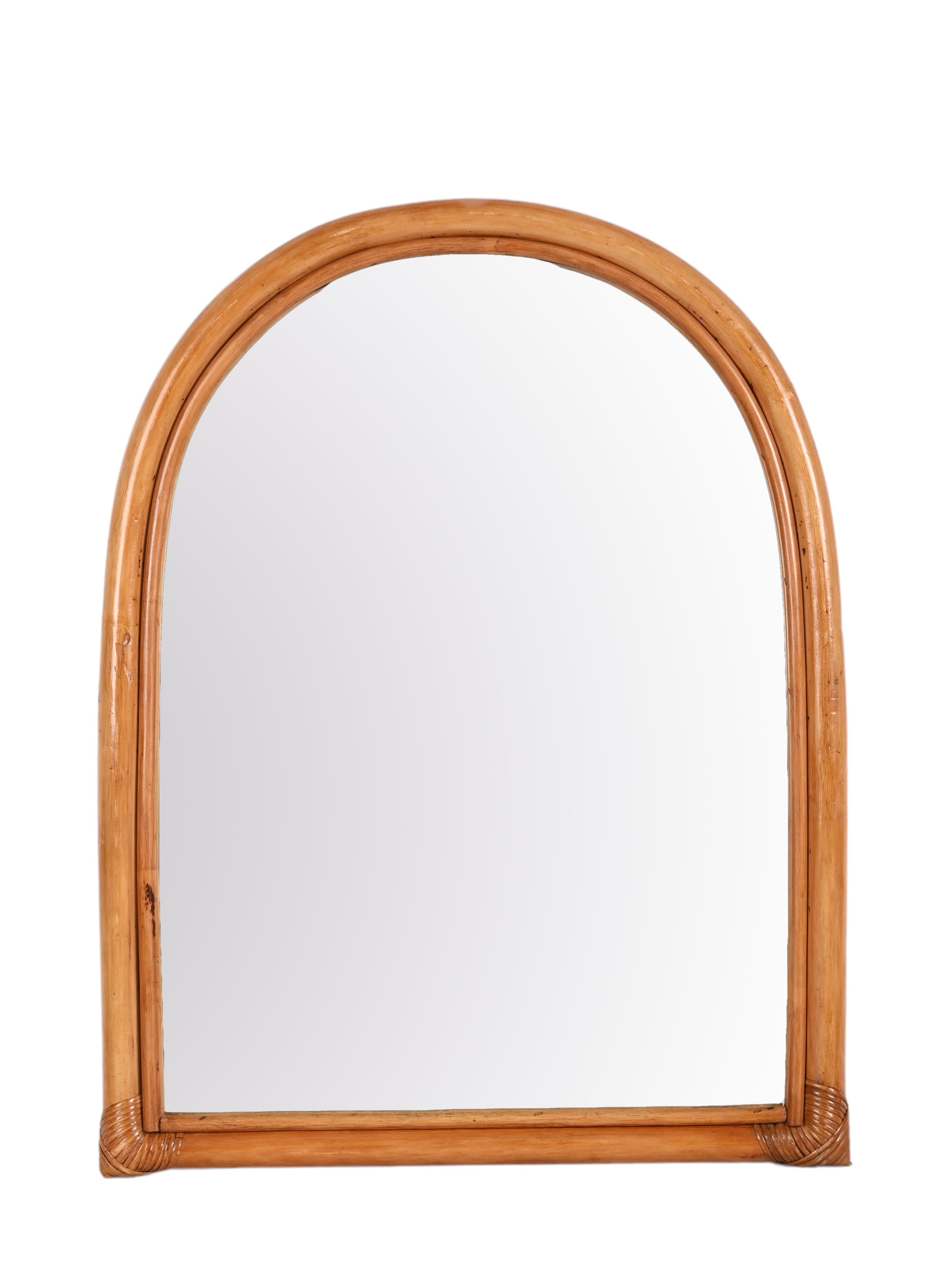 Midcentury Italian Arch-Shaped Mirror with Double Bamboo Wicker Frame, 1970s 9
