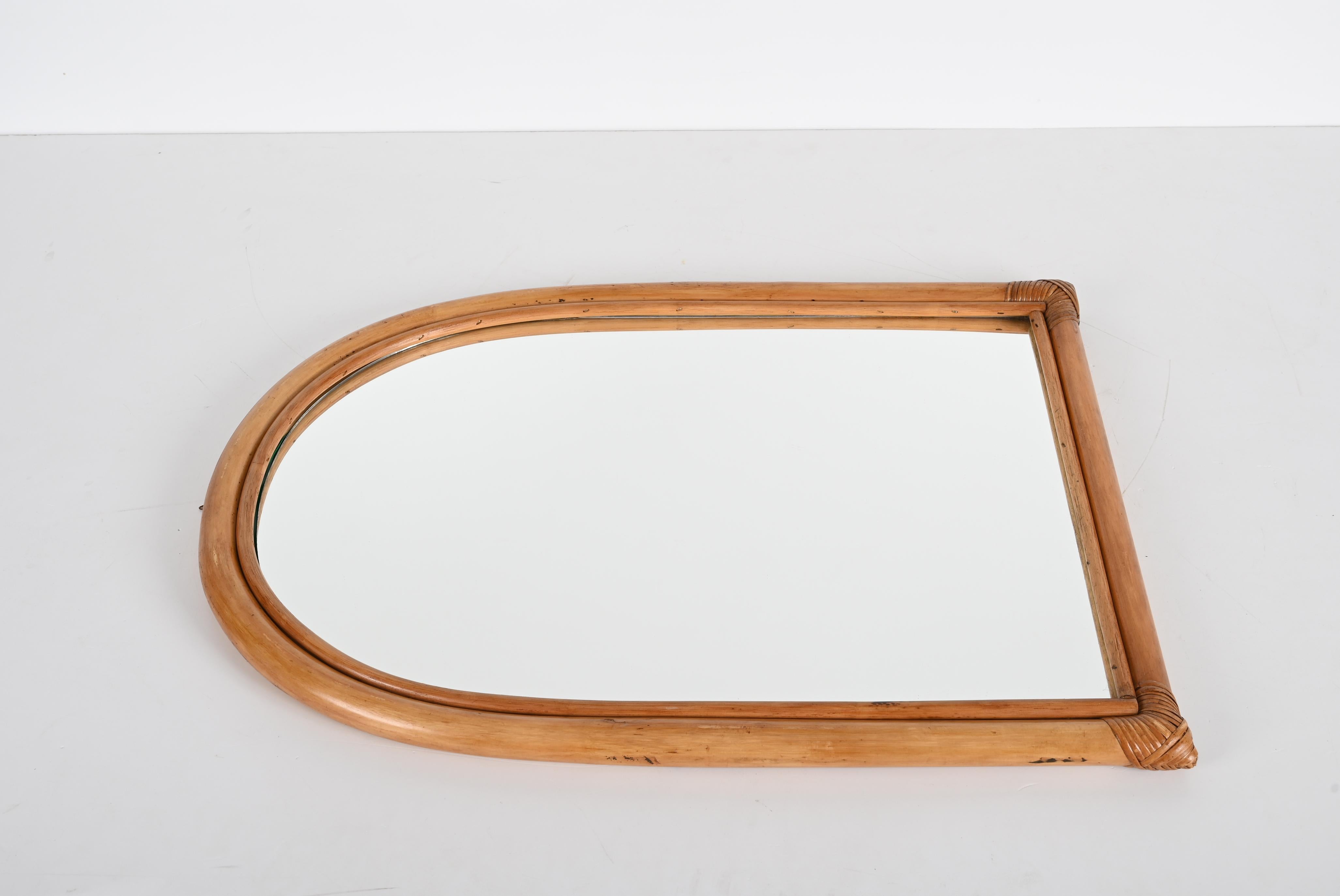 Mid-Century Modern Midcentury Italian Arch-Shaped Mirror with Double Bamboo Wicker Frame, 1970s