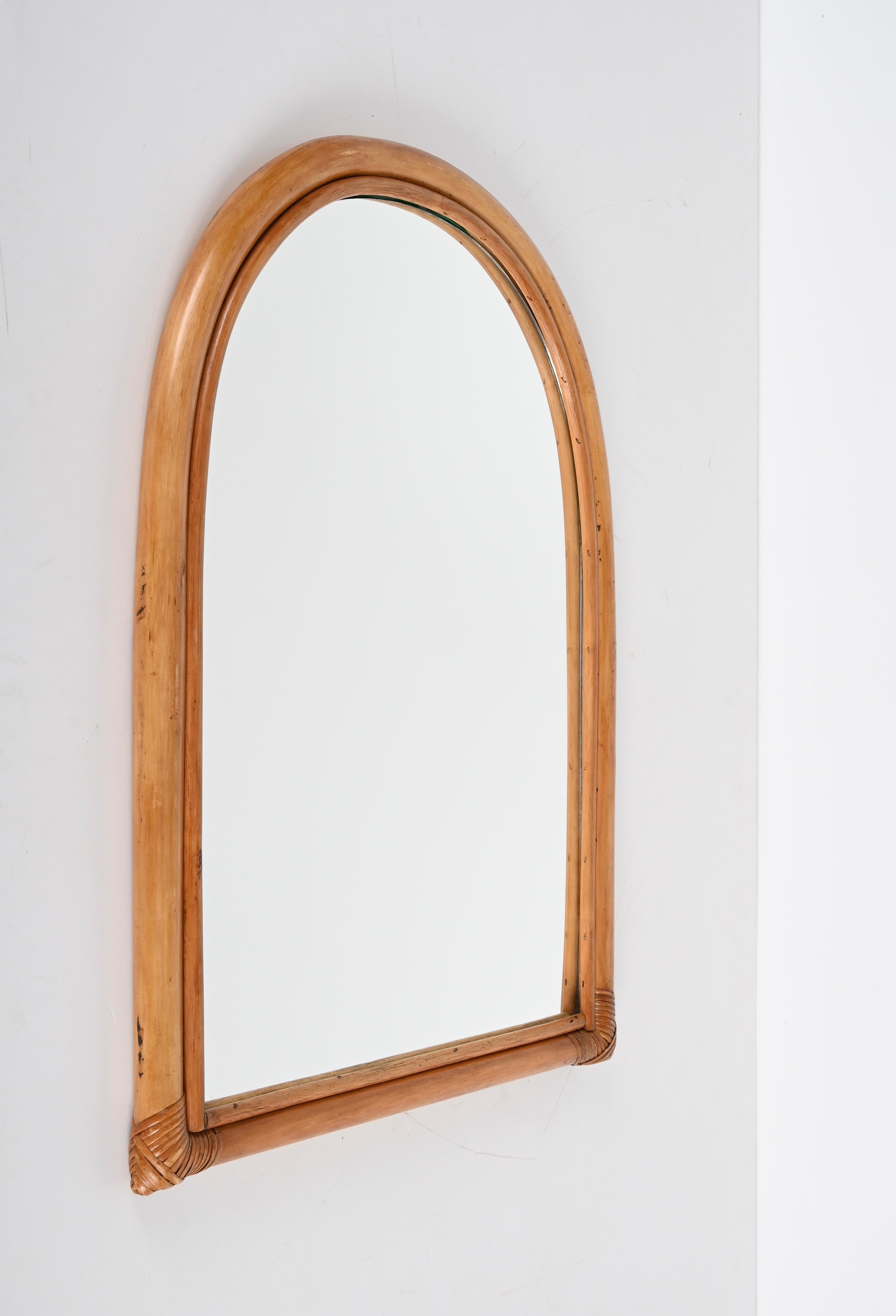 20th Century Midcentury Italian Arch-Shaped Mirror with Double Bamboo Wicker Frame, 1970s