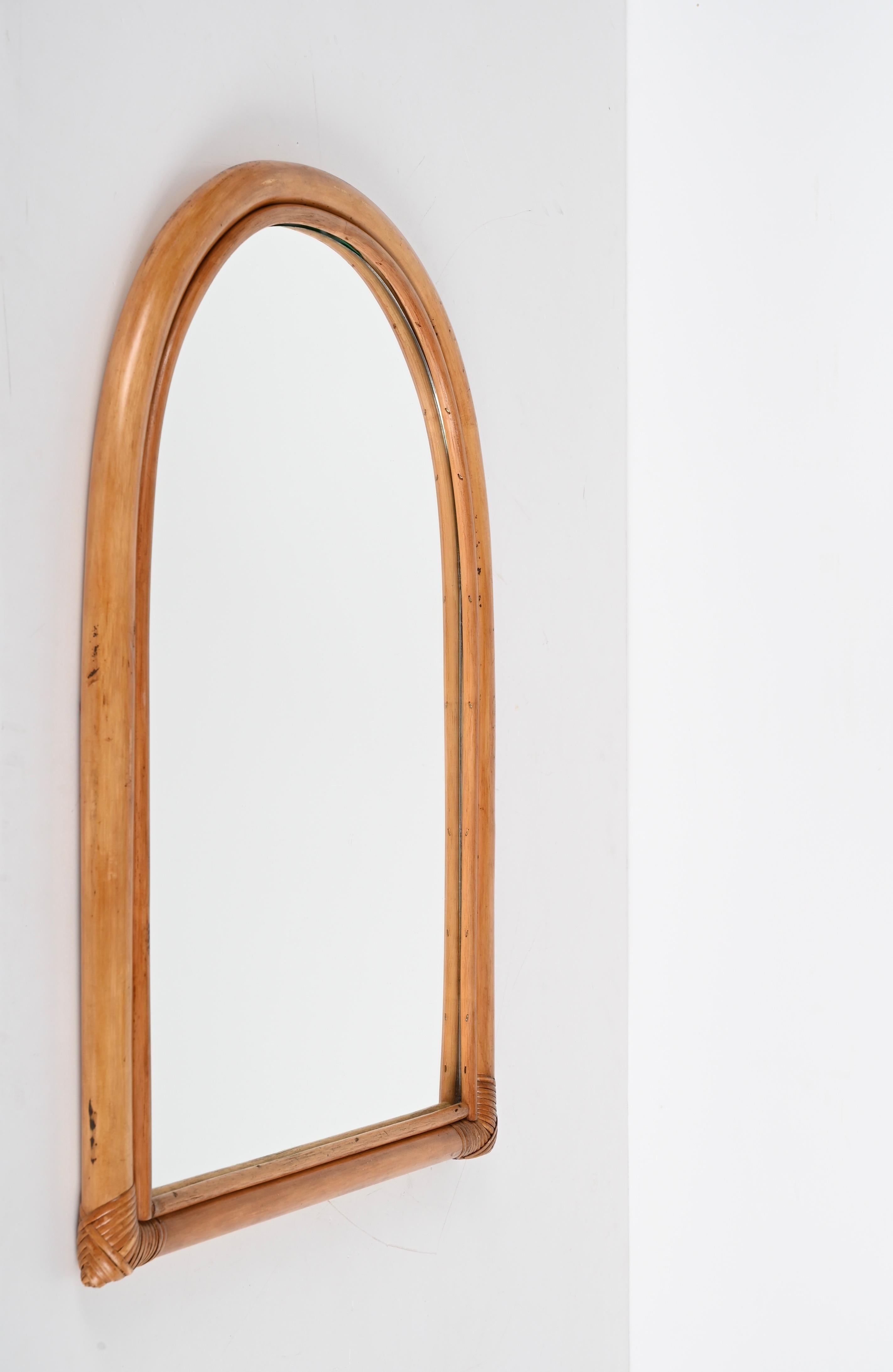 Midcentury Italian Arch-Shaped Mirror with Double Bamboo Wicker Frame, 1970s 1