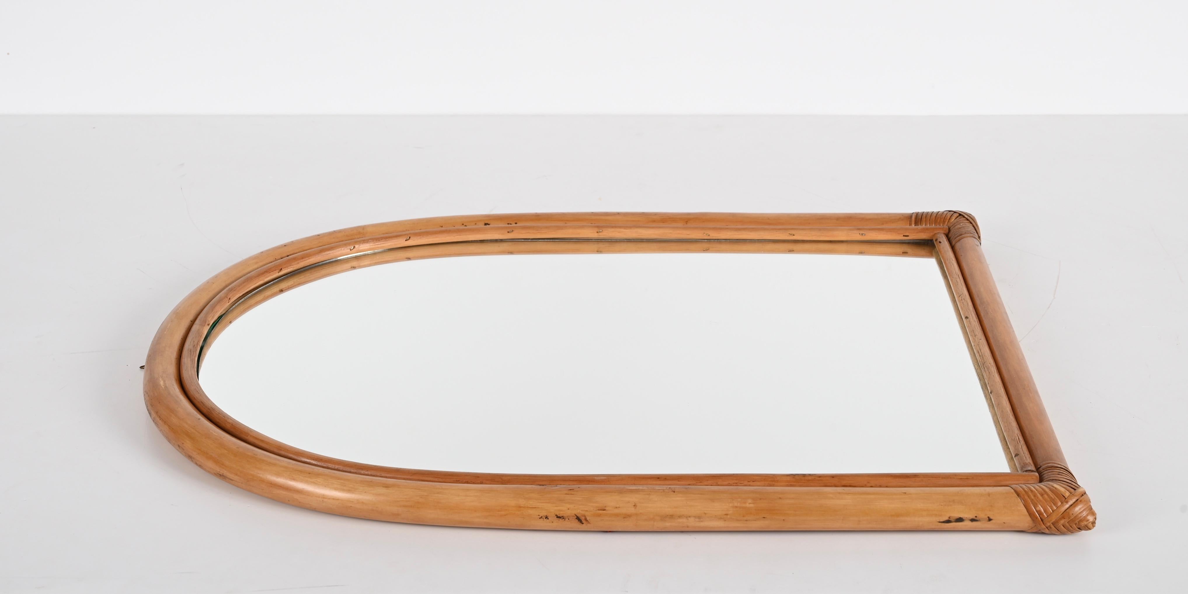Midcentury Italian Arch-Shaped Mirror with Double Bamboo Wicker Frame, 1970s 2
