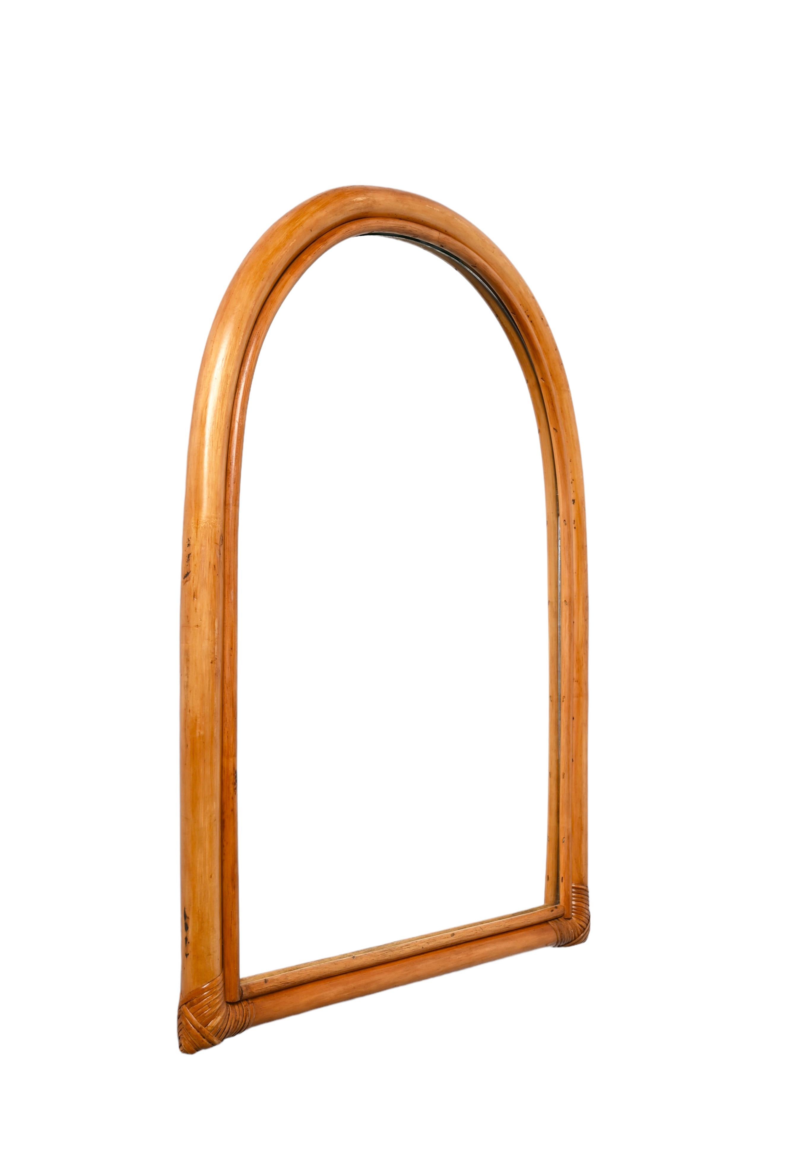 Midcentury Italian Arch-Shaped Mirror with Double Bamboo Wicker Frame, 1970s 3