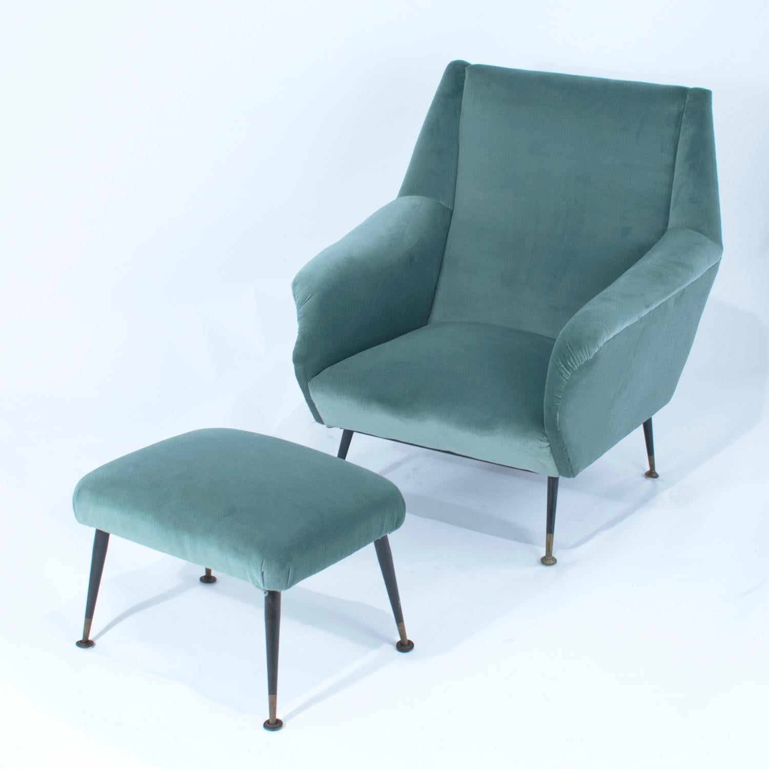 Mid-20th Century Midcentury Italian Armchair and Ottoman Set, New Fabric, Gray Blue, 1950s