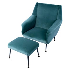 Midcentury Italian Armchair and Ottoman Set, New Fabric, Gray Blue, 1950s