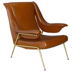 Midcentury Italian Armchair in Original Leather and Brass, 1950s