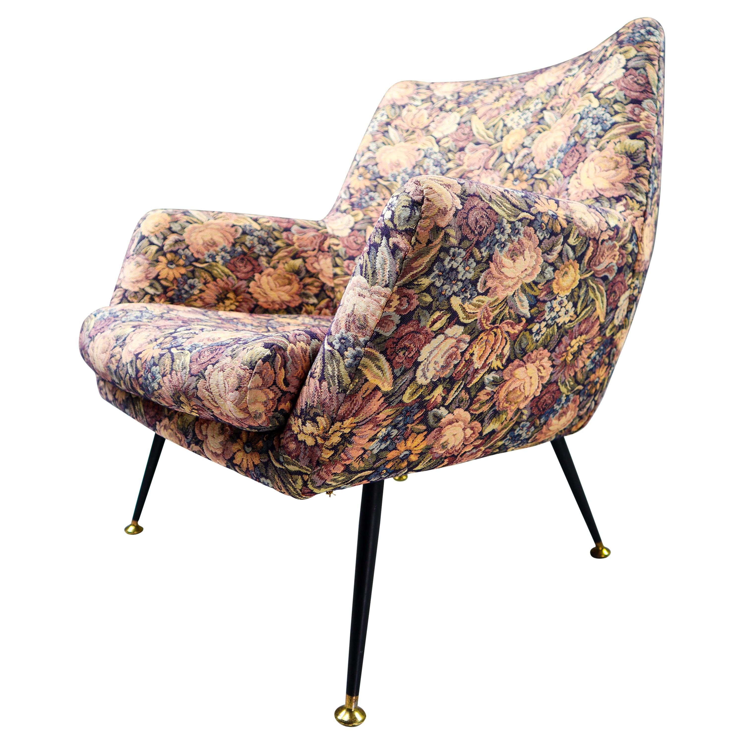 Midcentury Italian Armchair in Original Wool Flower Fabric, 1950s