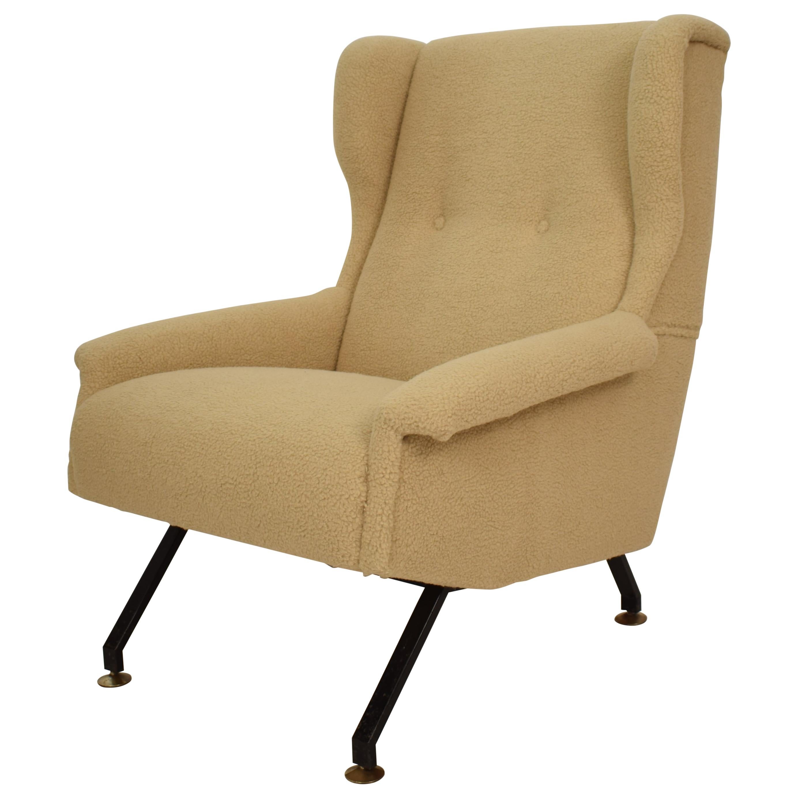 Midcentury Italian Armchair Lounge Chair in Beige Sandy Sheep Wool Fabric, 1950