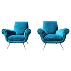 Italienische Sessel aus der Mitte des Jahrhunderts, Minotti Gigi, Wurzelholz, Meeresblau, Messingfüße