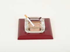 Midcentury Italian Ashtray in Wine-Red Leather and Crystal, Italy 1970s