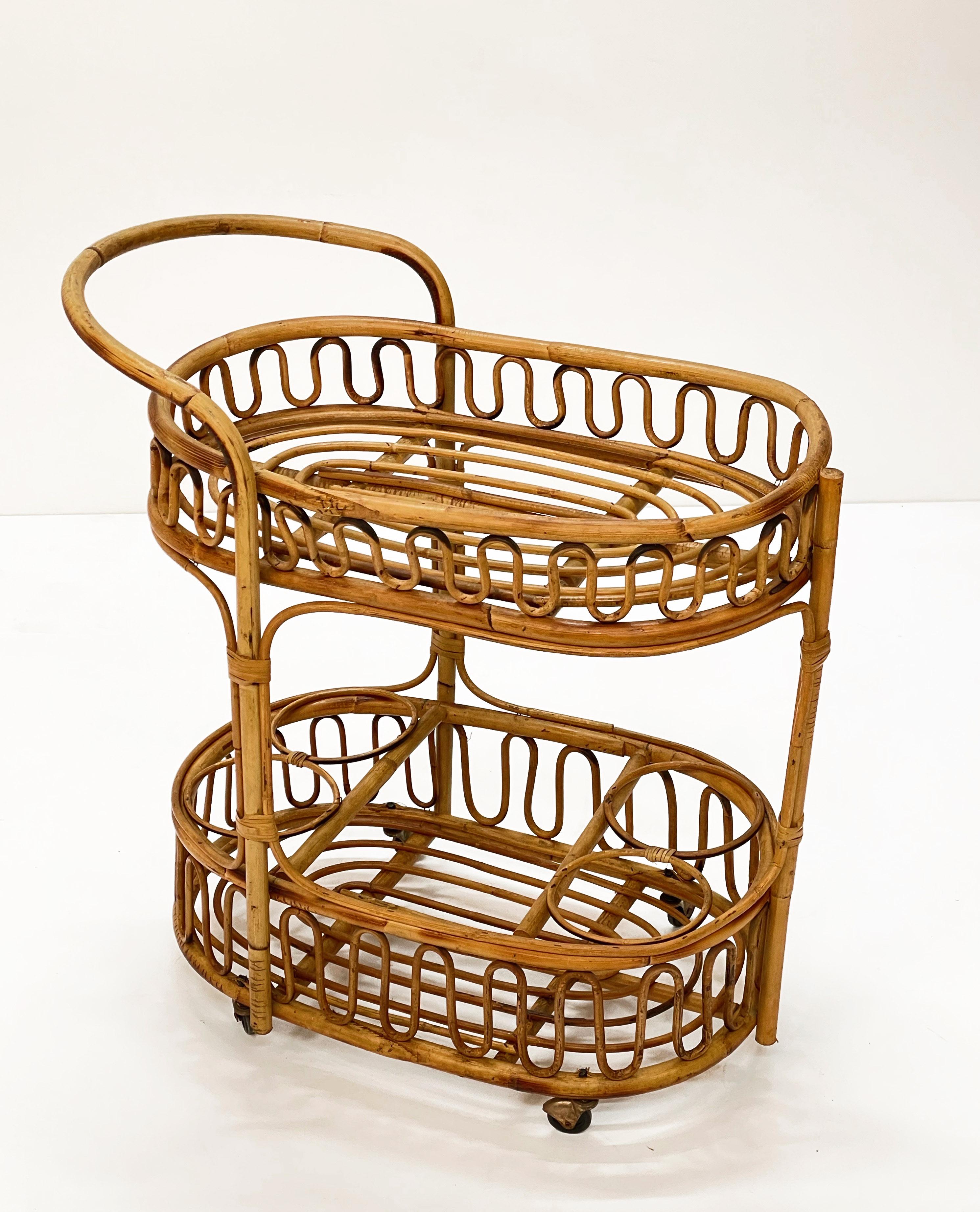 Midcentury Italian Bamboo and Rattan Oval Serving Side Bar Cart, 1960s 4