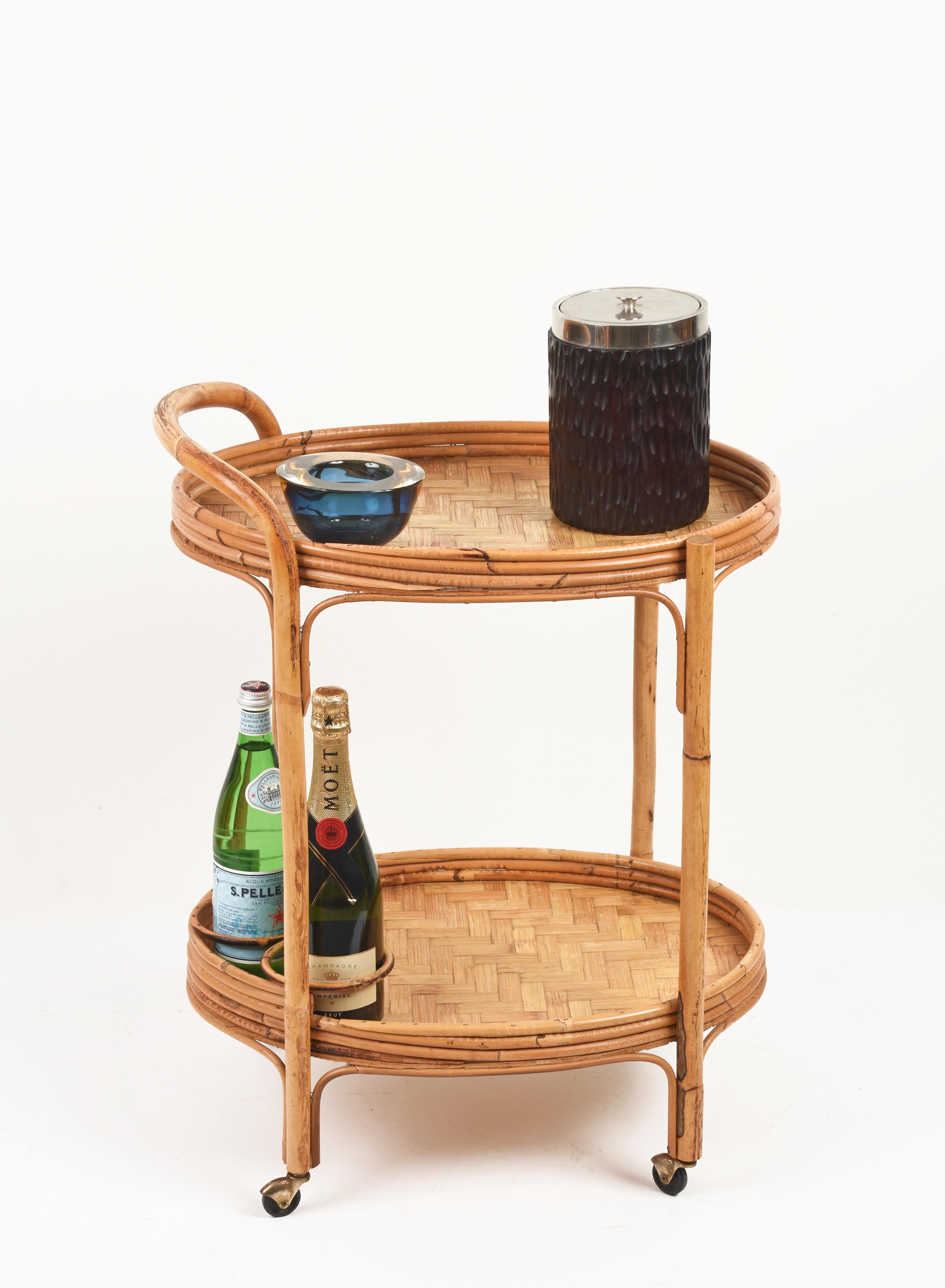 Midcentury Italian Bamboo and Rattan Oval Serving Side Bar Cart, 1960s 5