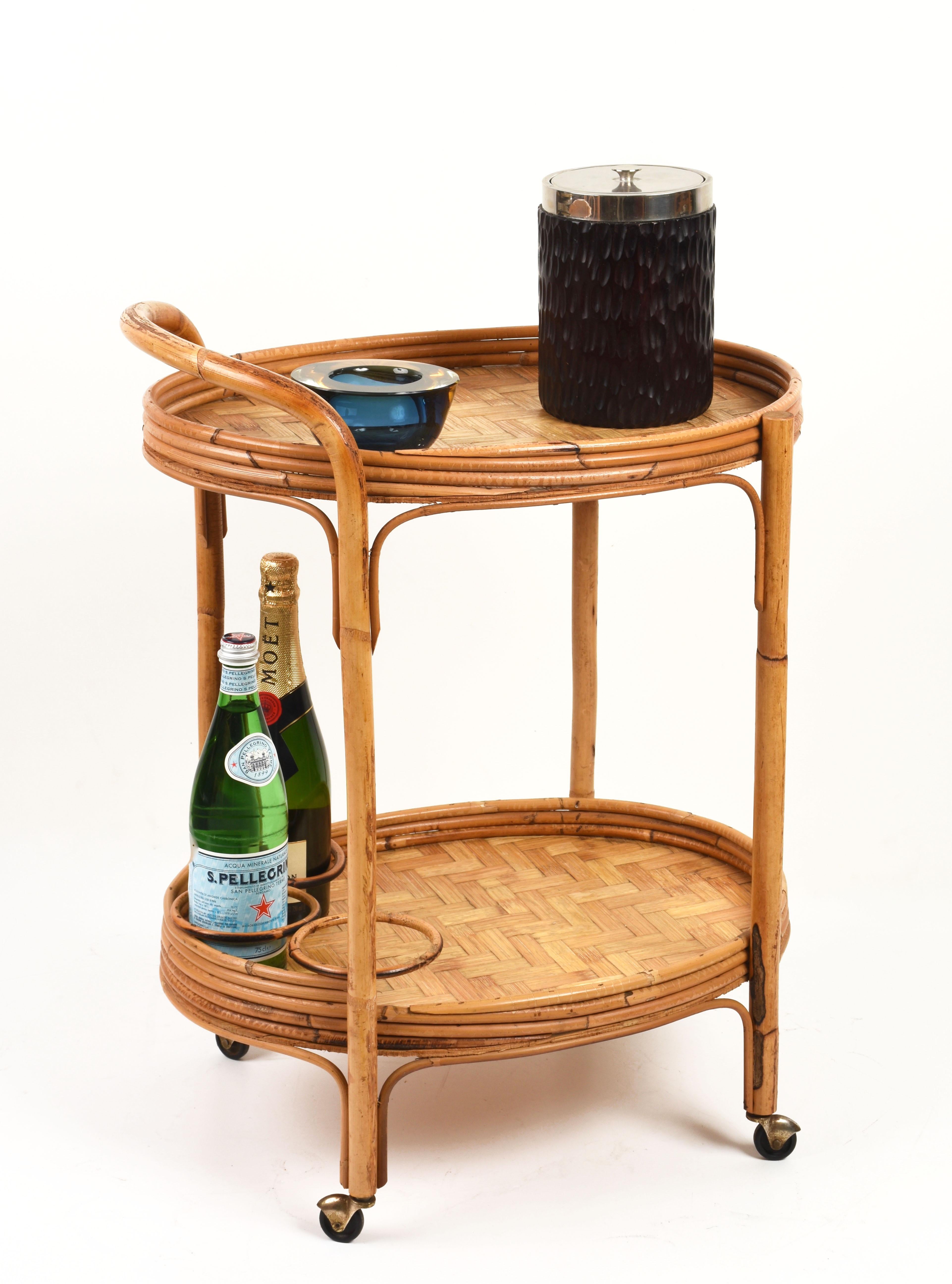 Midcentury Italian Bamboo and Rattan Oval Serving Side Bar Cart, 1960s 6