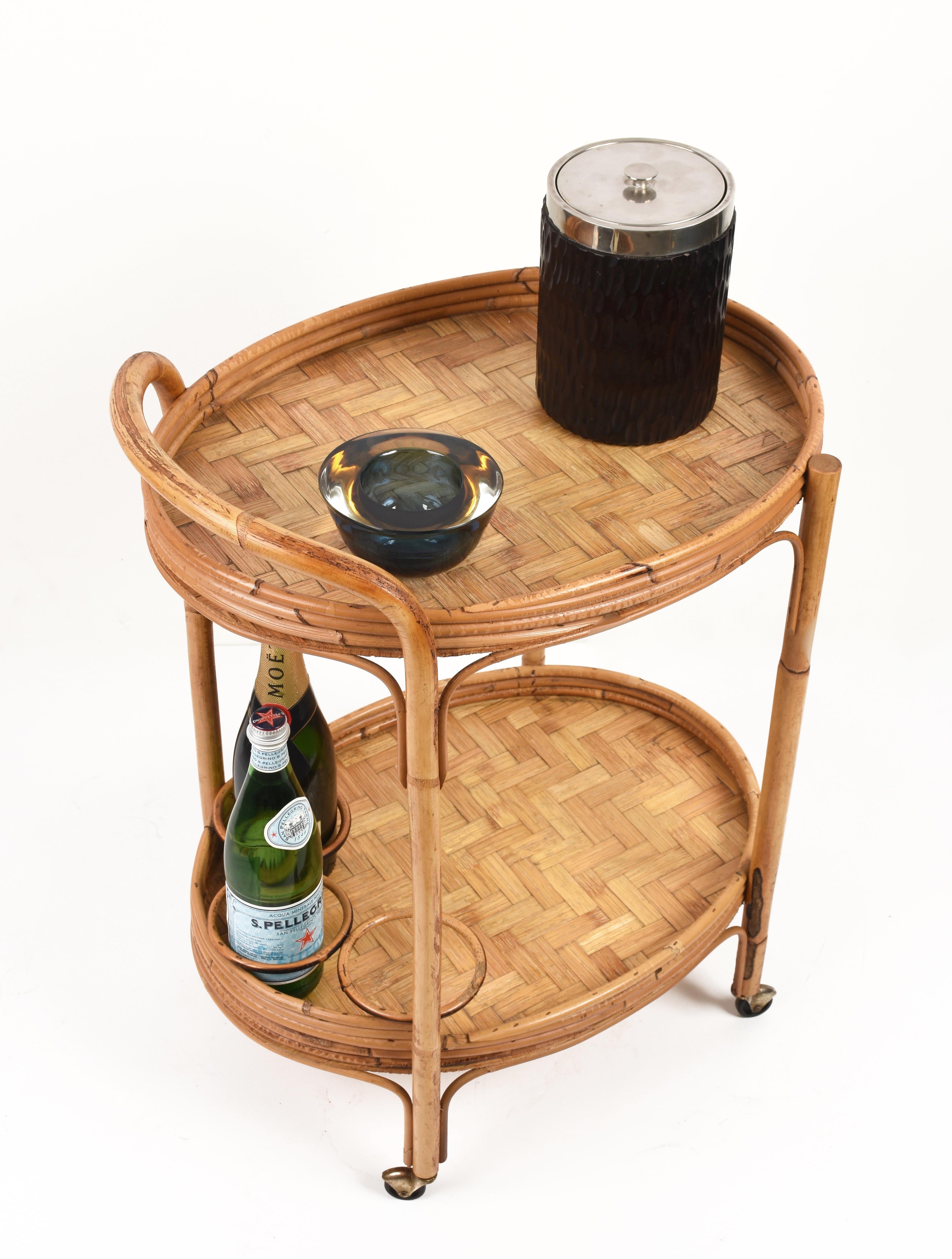 Midcentury Italian Bamboo and Rattan Oval Serving Side Bar Cart, 1960s 7