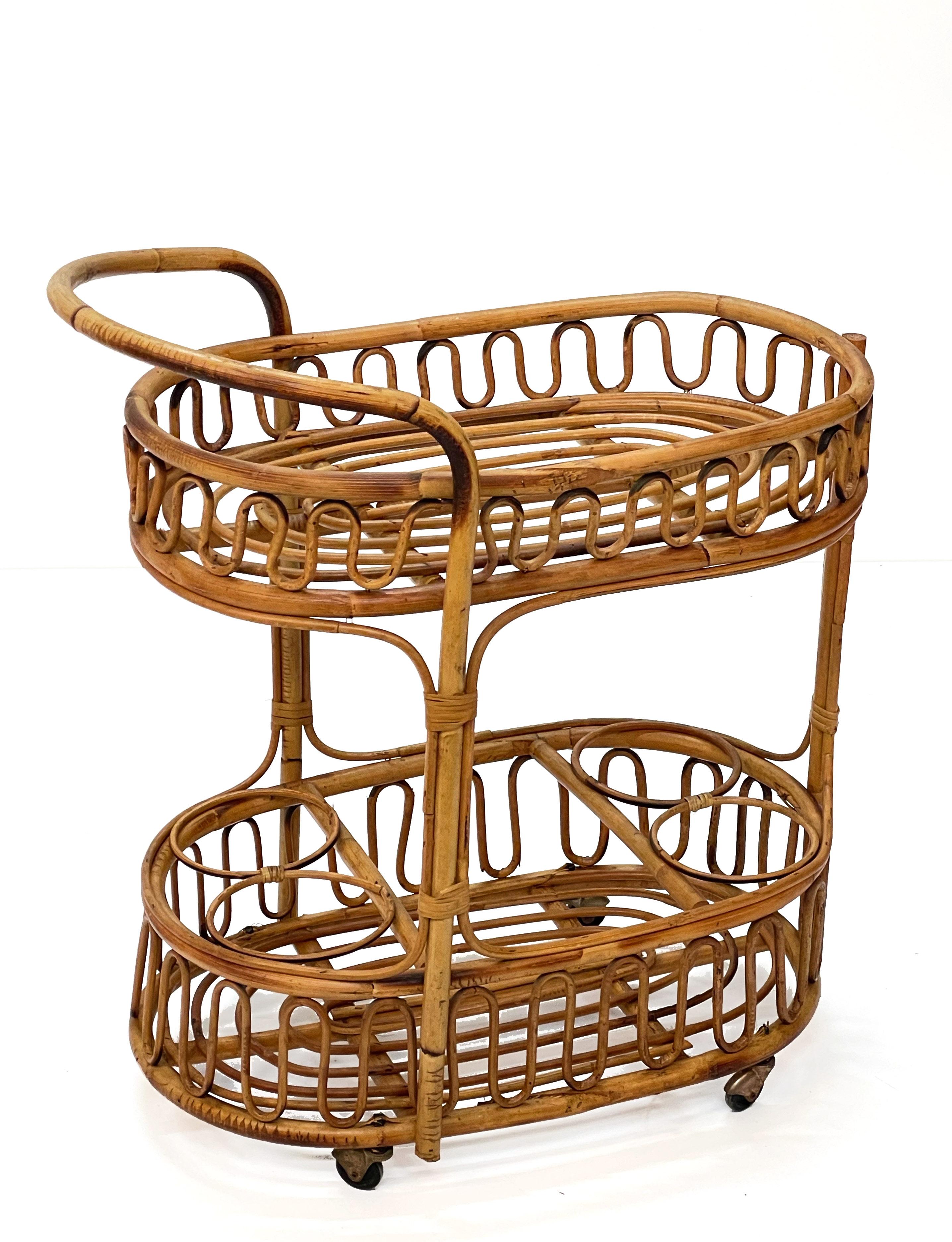 Midcentury Italian Bamboo and Rattan Oval Serving Side Bar Cart, 1960s 7