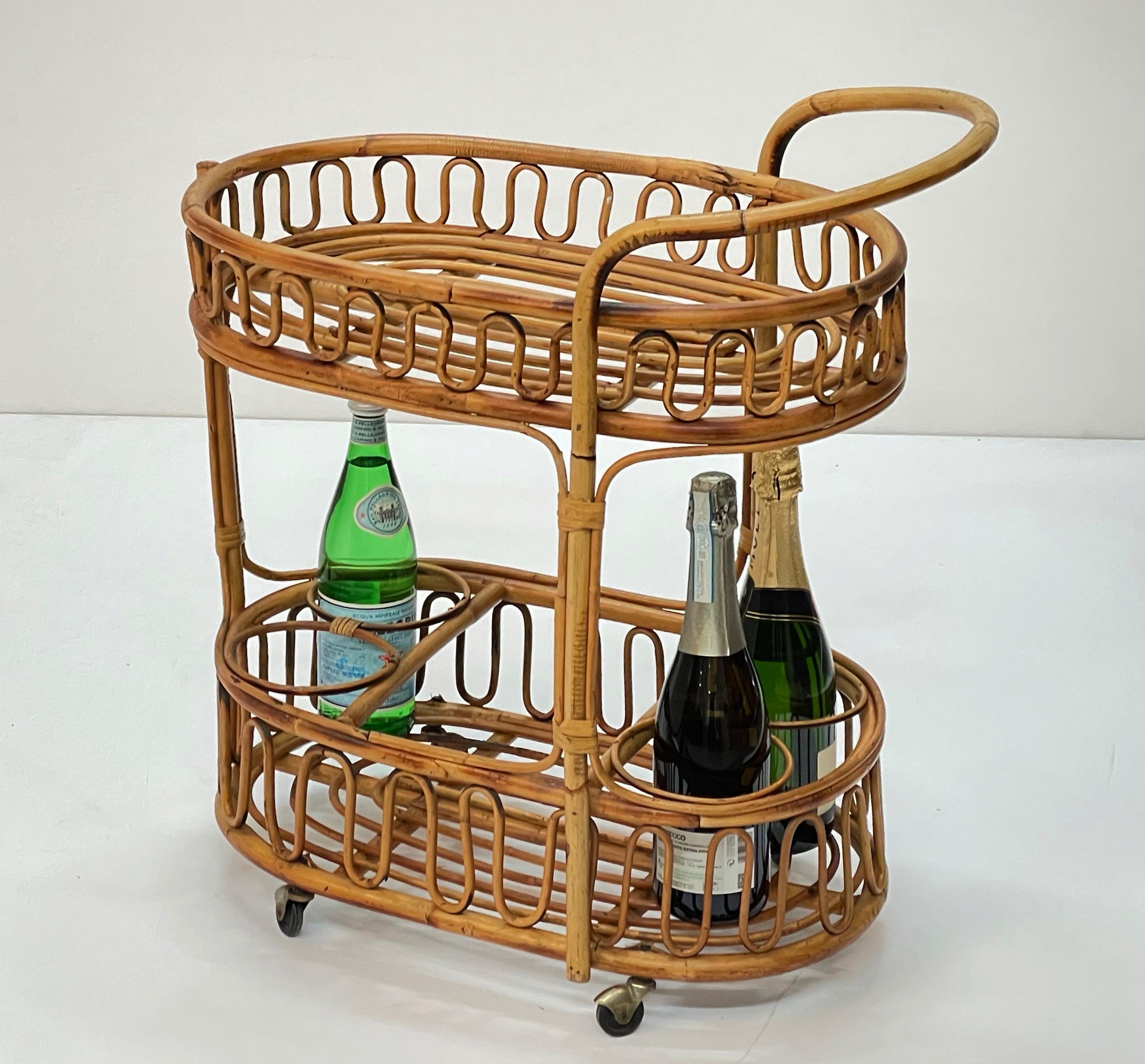 Midcentury Italian Bamboo and Rattan Oval Serving Side Bar Cart, 1960s 10