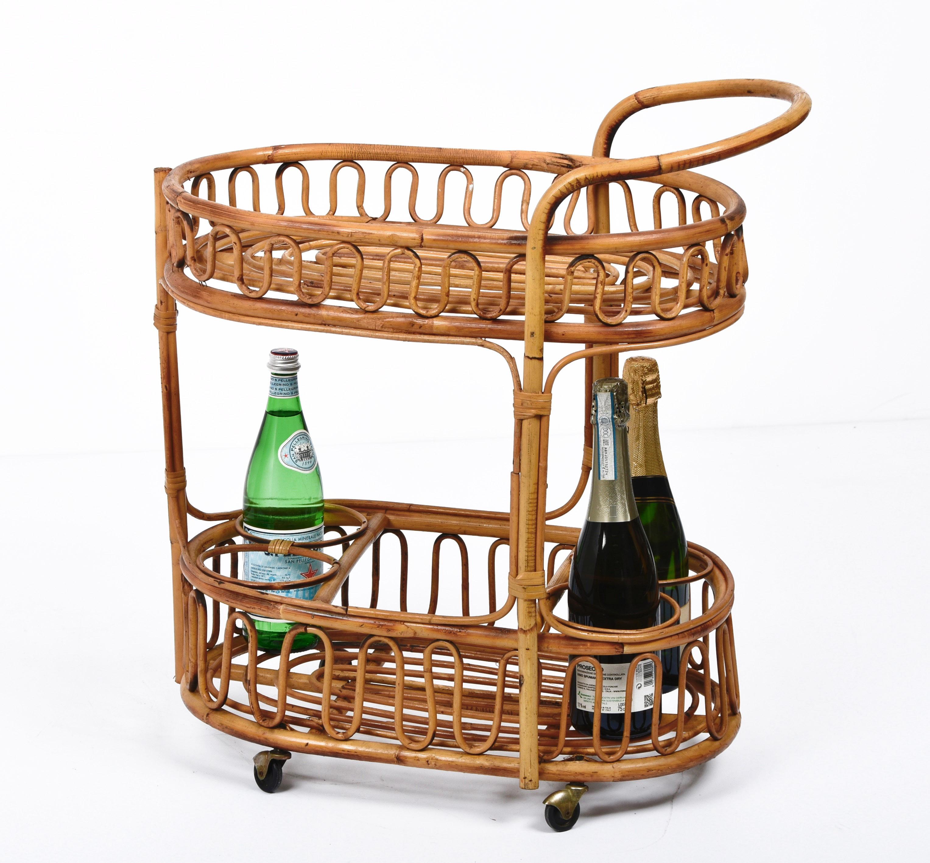 Midcentury Italian Bamboo and Rattan Oval Serving Side Bar Cart, 1960s 11