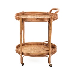 Midcentury Italian Bamboo and Rattan Oval Serving Side Bar Cart, 1960s