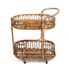 Midcentury Italian Bamboo and Rattan Oval Serving Side Bar Cart, 1960s
