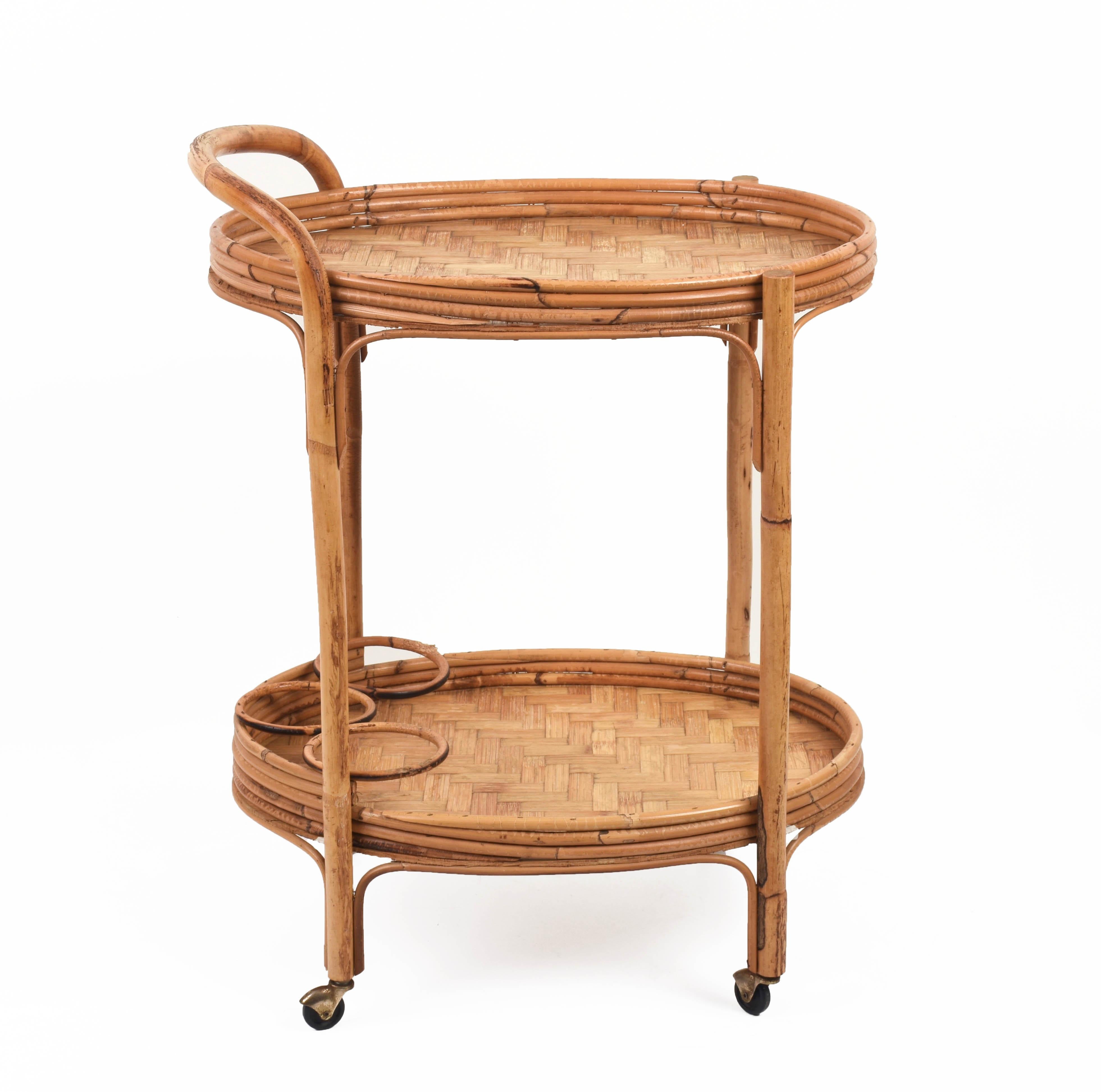 Mid-Century Modern Midcentury Italian Bamboo and Rattan Oval Serving Side Bar Cart, 1960s